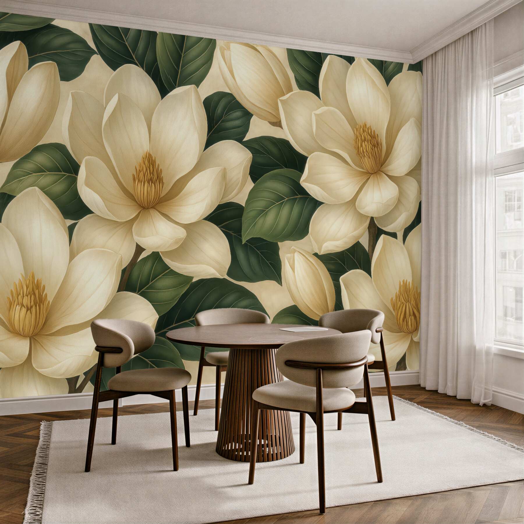 Fototapeta jasne magnolie na ciemnych liściach