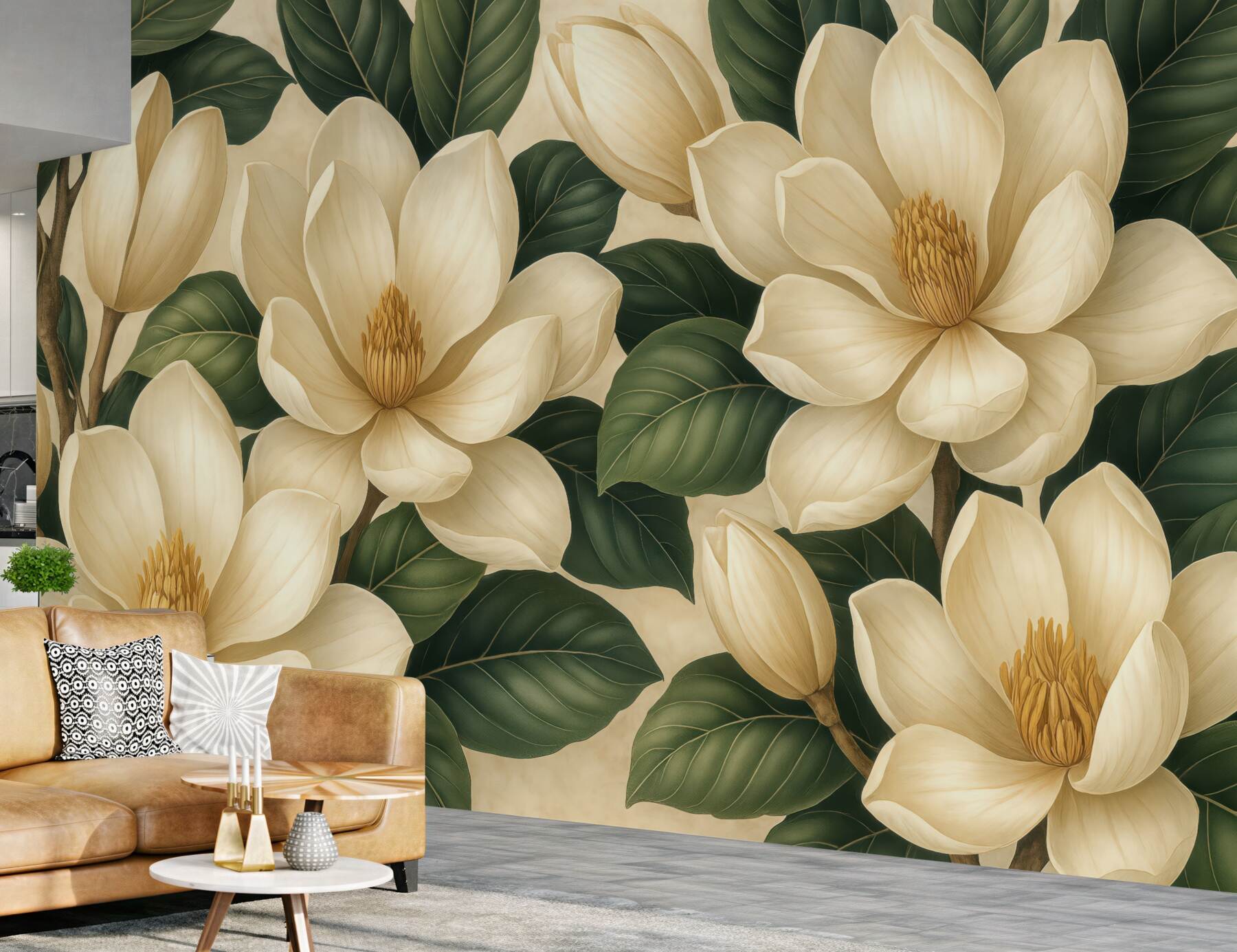 Fototapeta jasne magnolie na ciemnych liściach