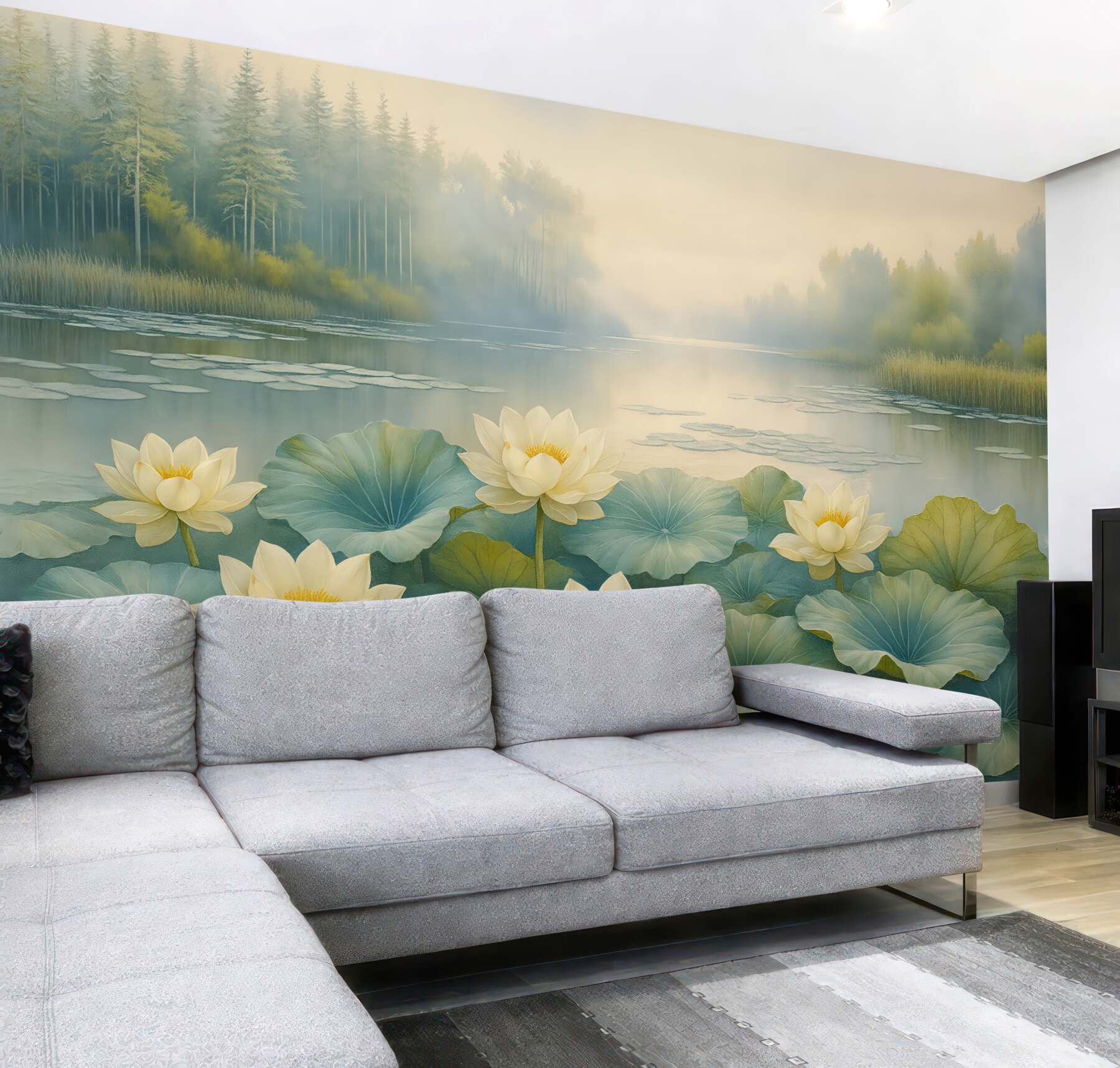 Fototapeta kremowe lotosy nad mglistym jeziorem