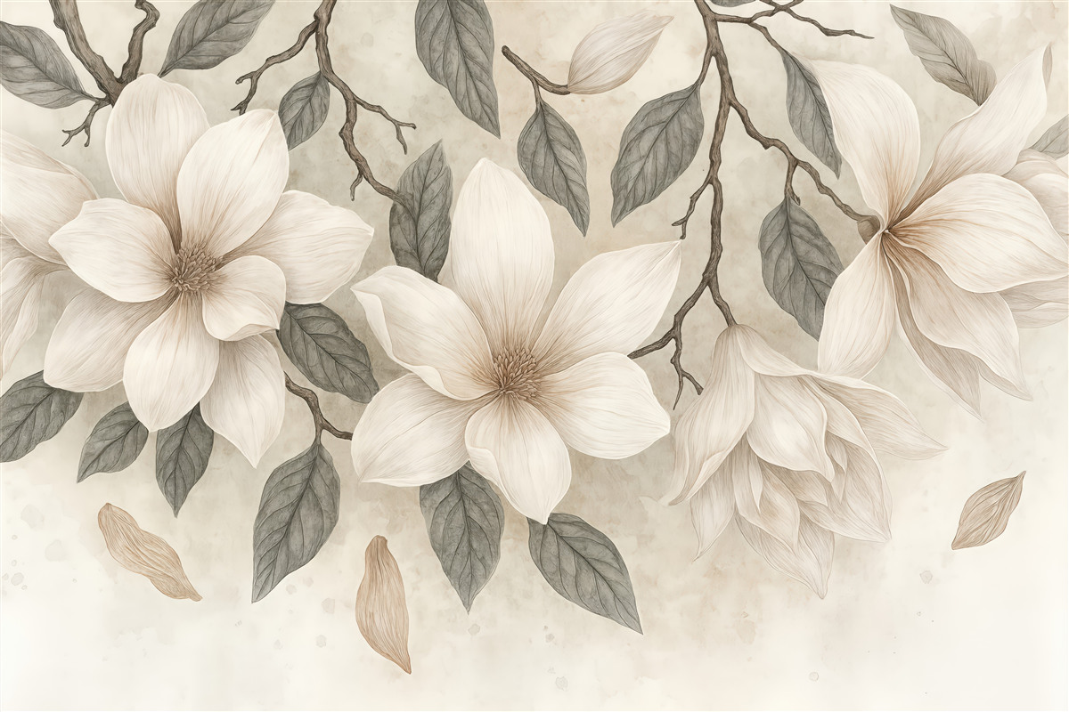 Fototapeta kremowe magnolie na delikatnych gałązkach