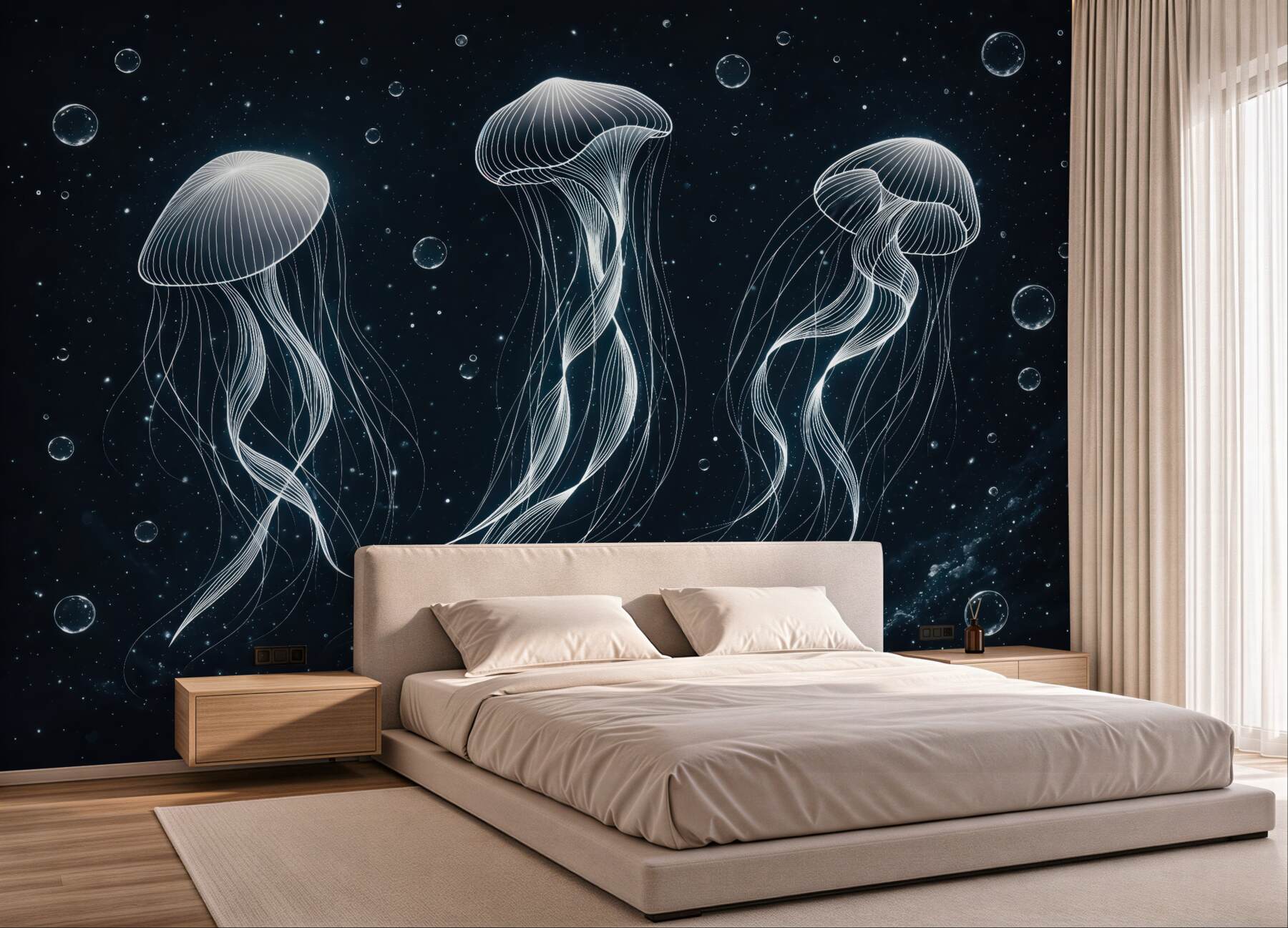 Fototapeta świetliste meduzy w nocnym oceanie