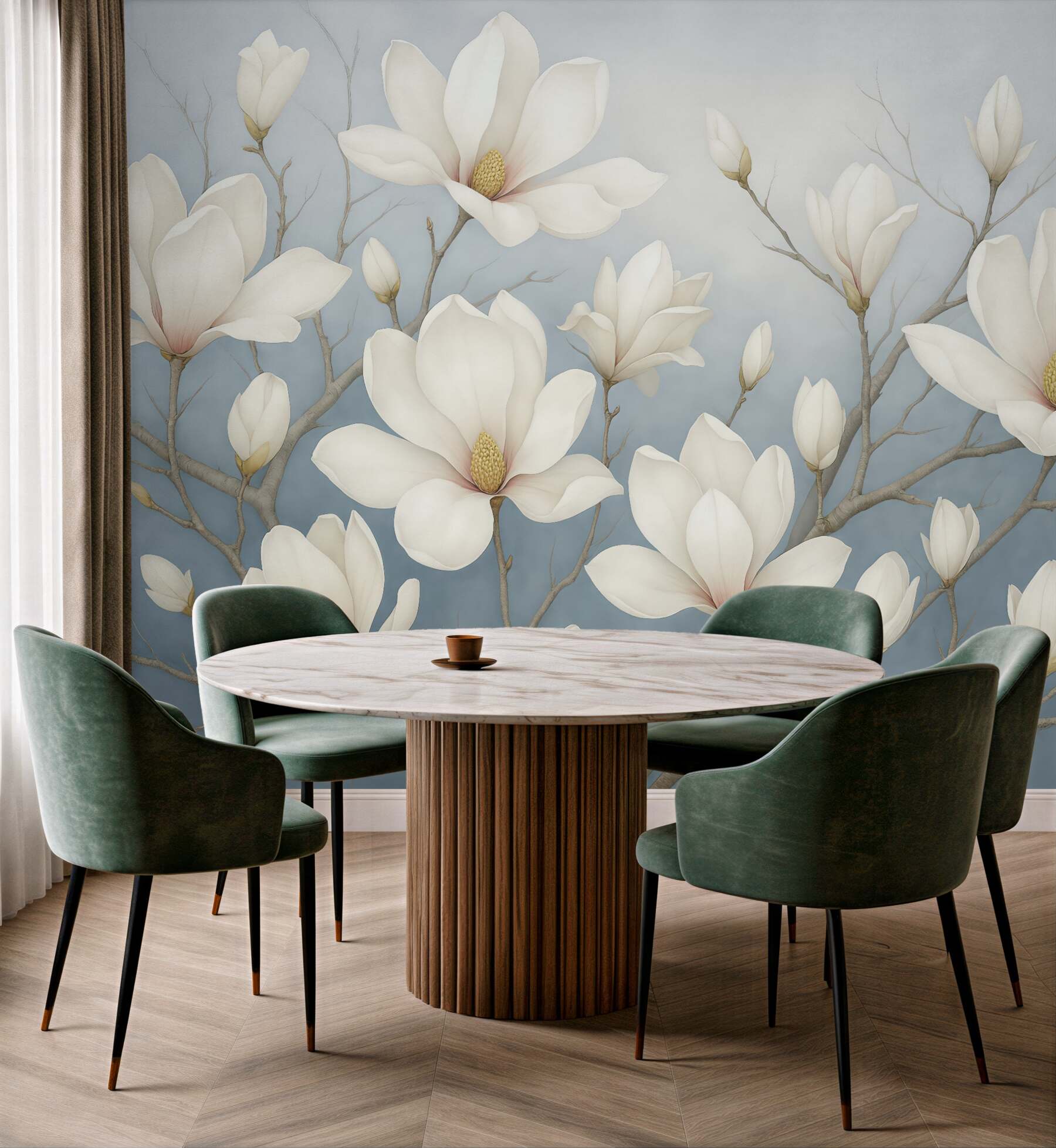 Fototapeta białe magnolie na błękitnych gałęziach