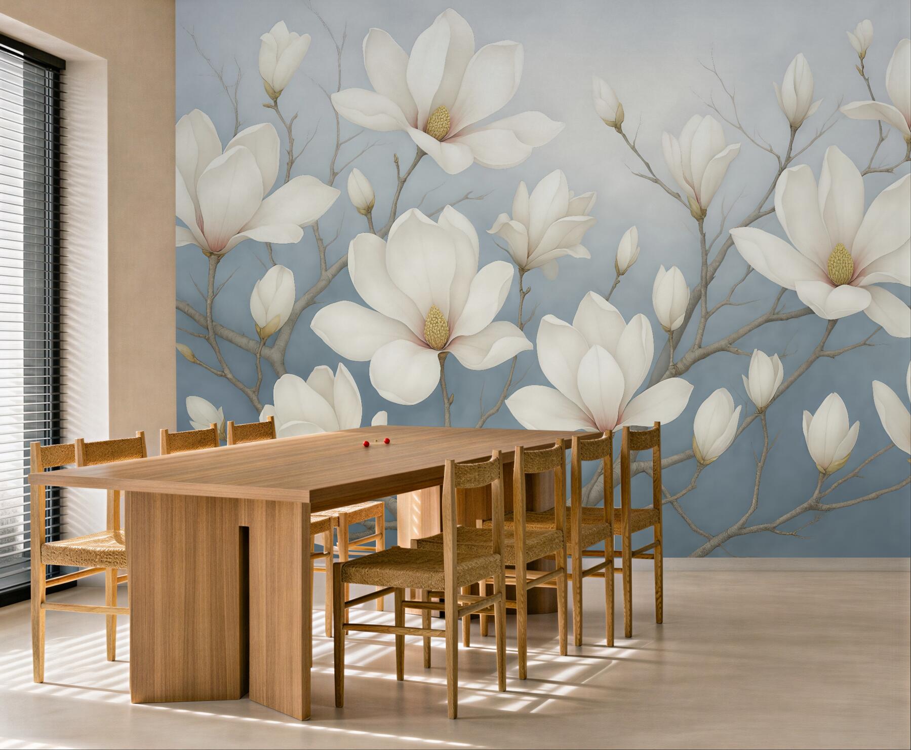 Fototapeta białe magnolie na błękitnych gałęziach