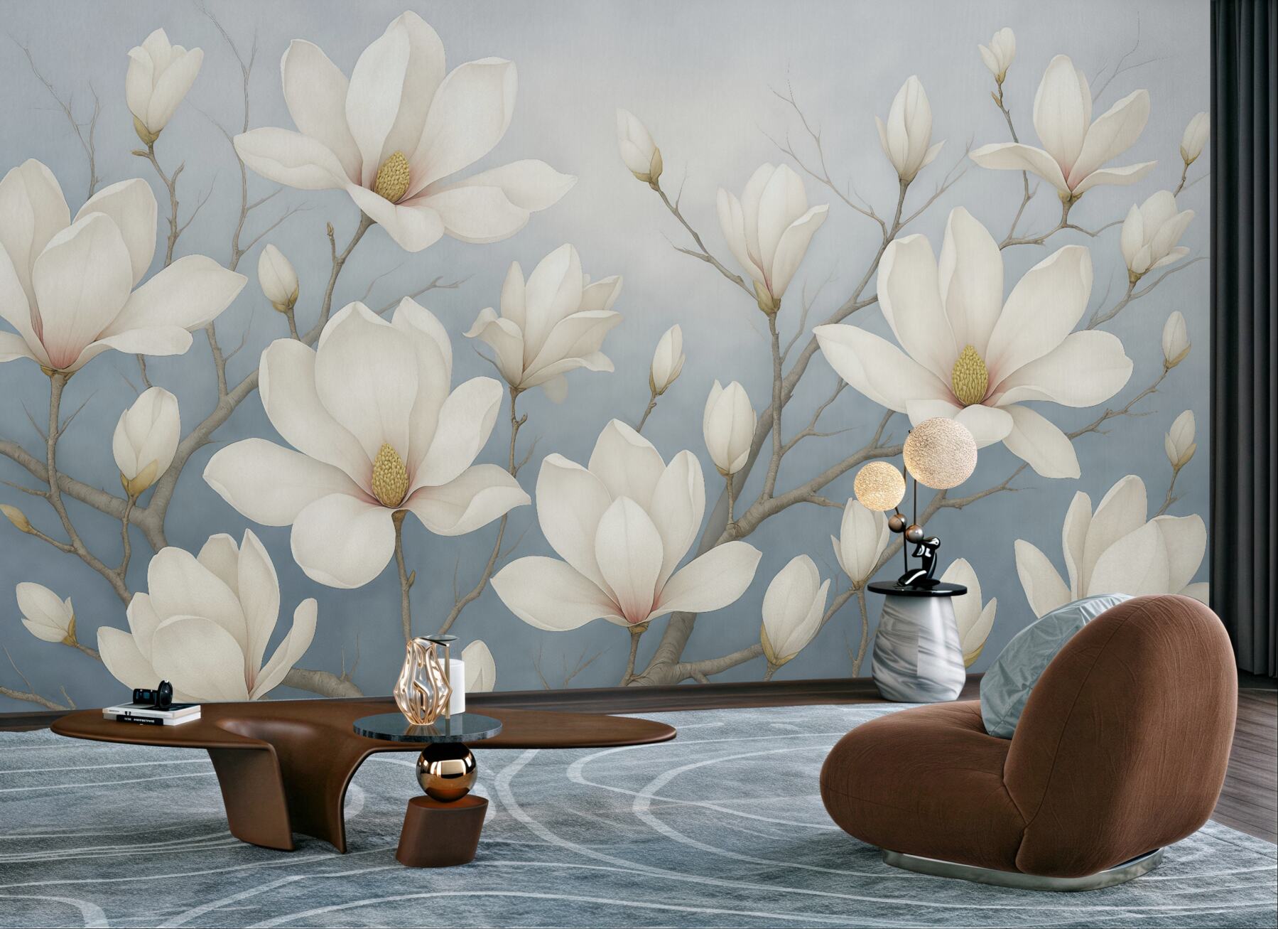 Fototapeta białe magnolie na błękitnych gałęziach