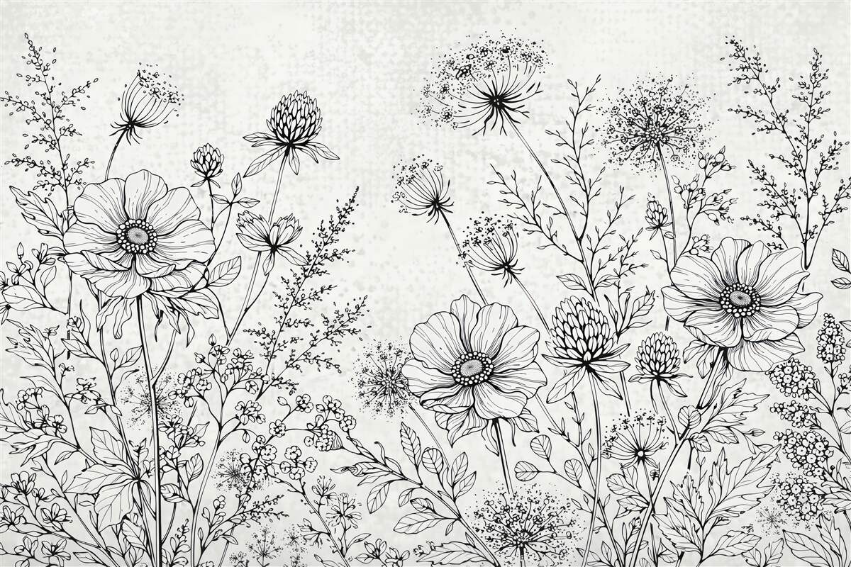 Fototapeta botaniczny szkic łąki w czerni