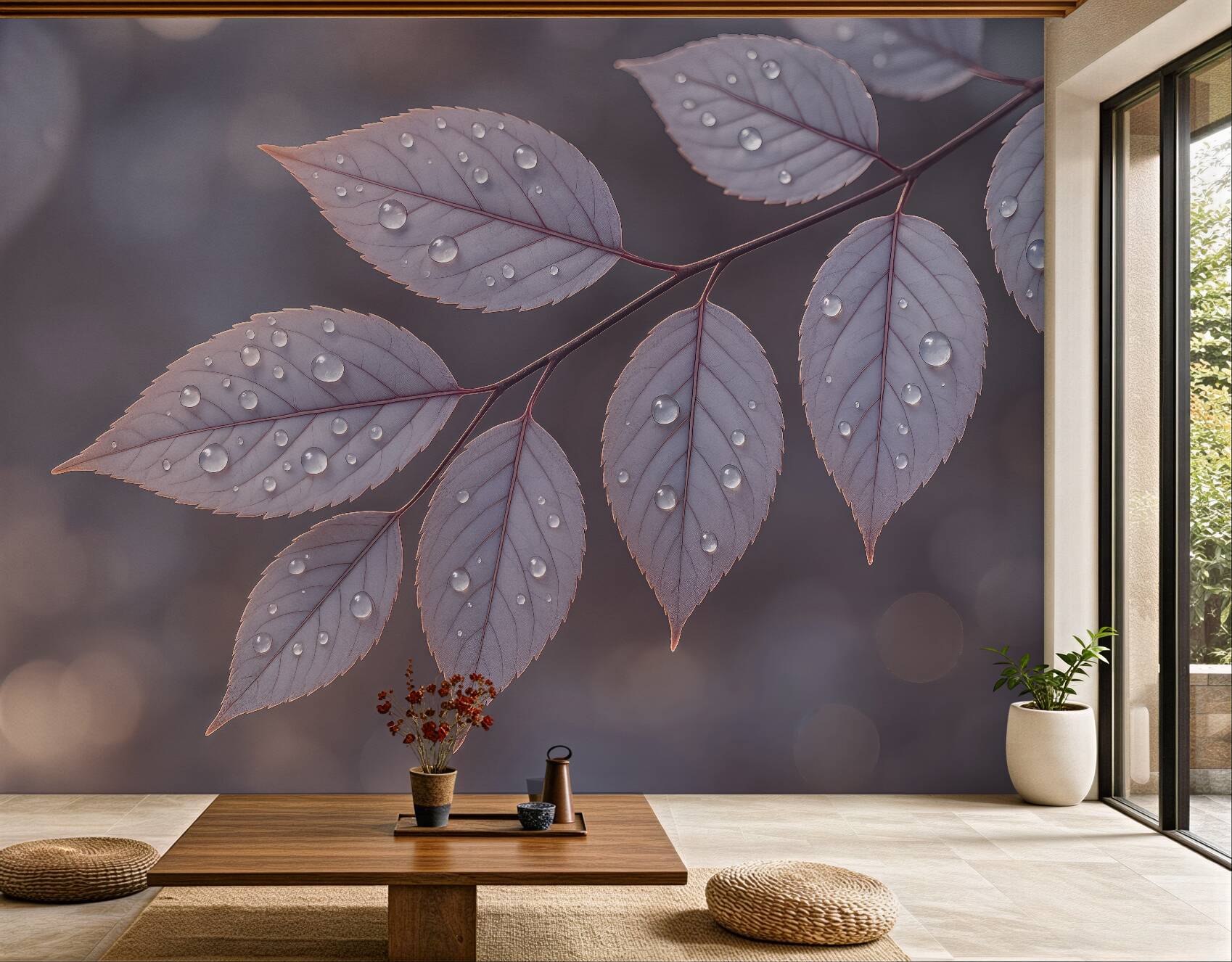 Fototapeta pudrowe liście z kroplami rosy