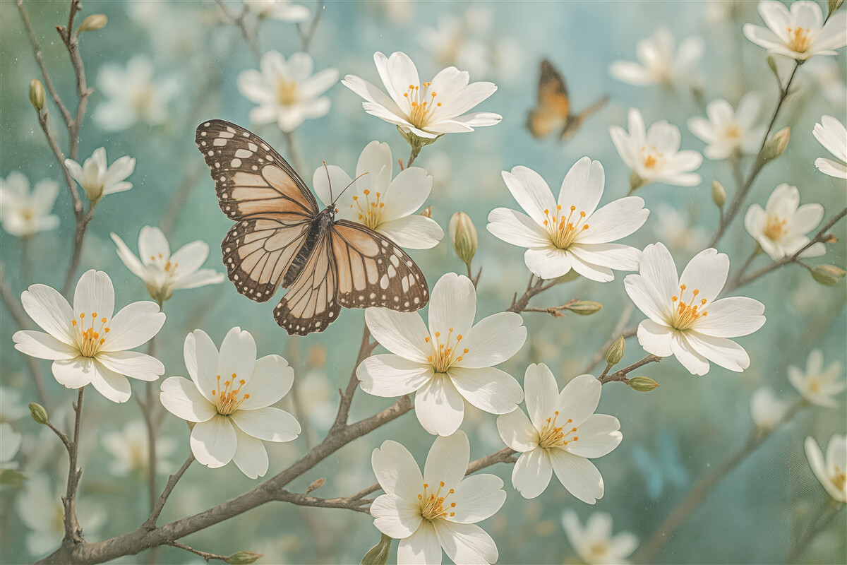 Fototapeta motyl wśród wiosennych białych kwiatów