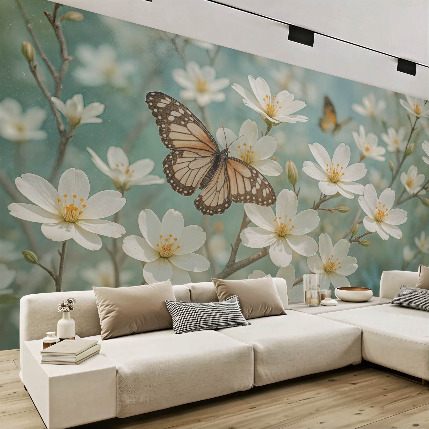 Fototapeta motyl wśród wiosennych białych kwiatów