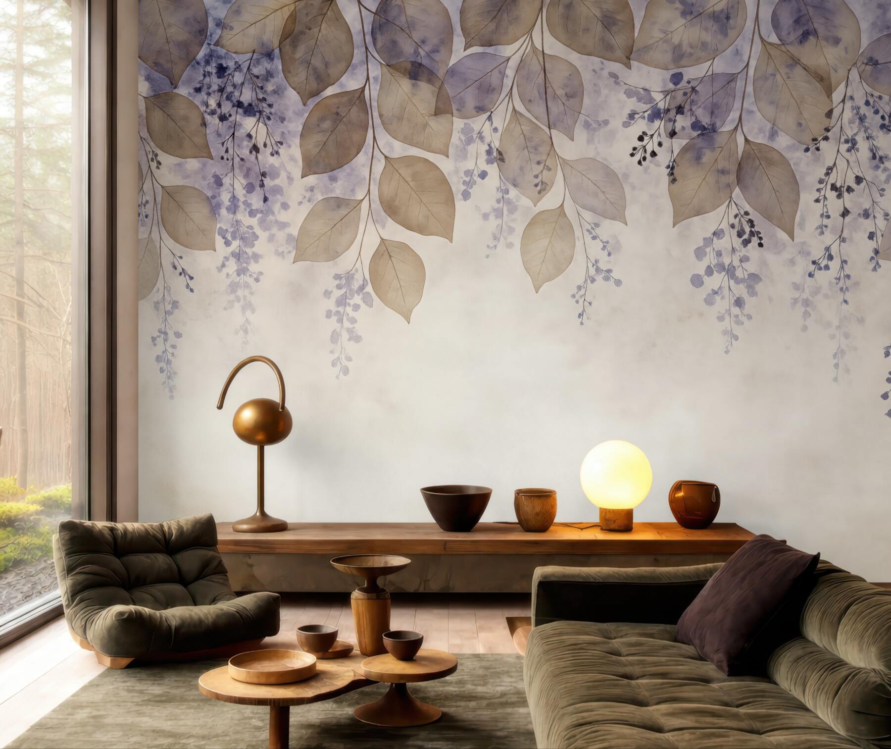 Fototapeta akwarelowe liście w lawendowej mgiełce