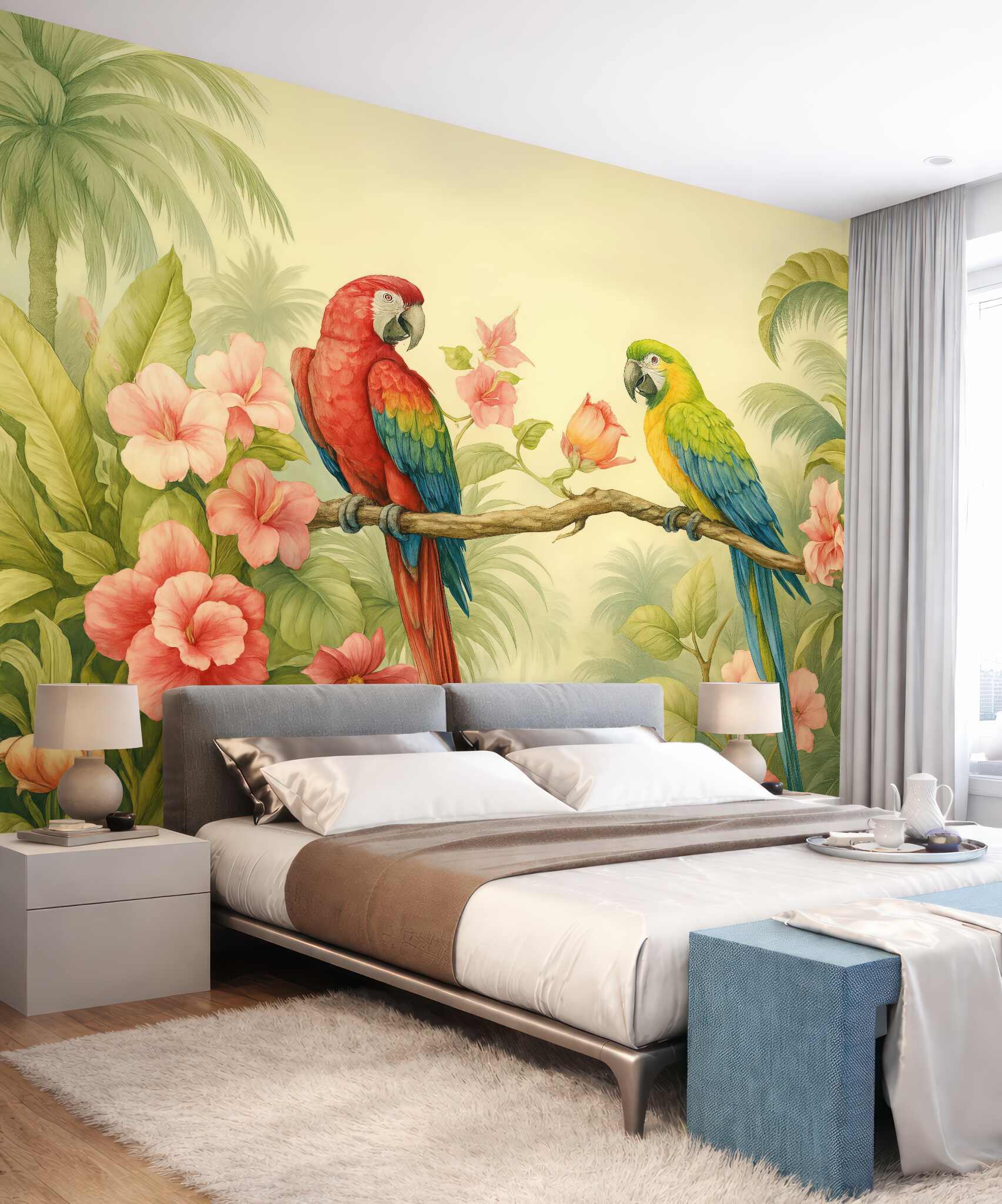 Fototapeta tropikalne papugi wśród hibiskusów