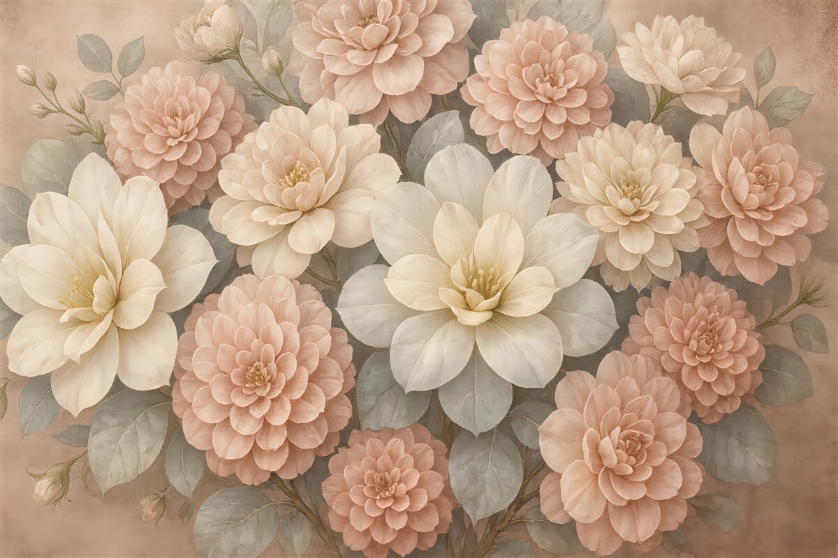 Fototapeta pudrowe dalie i magnolie w vintage