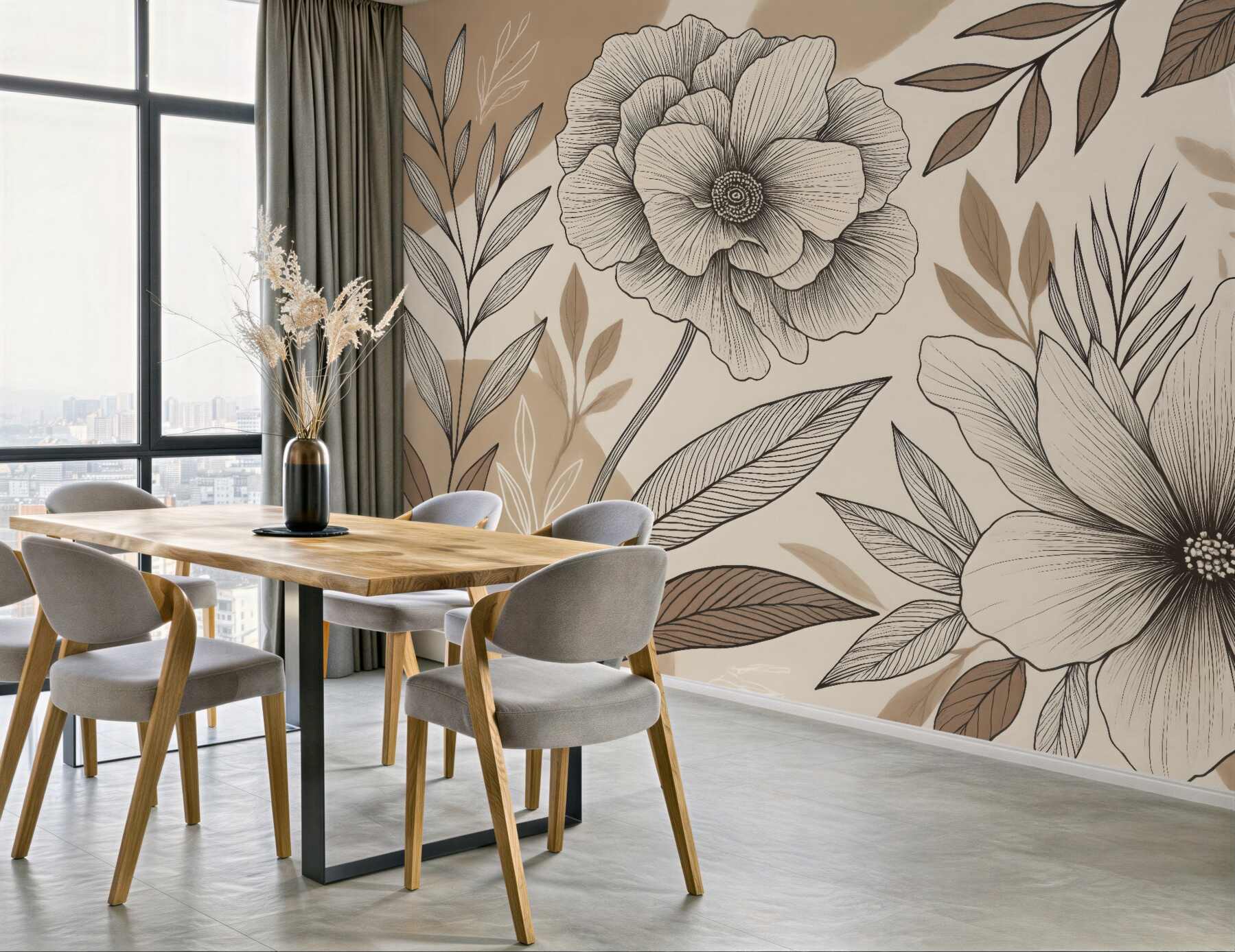 Fototapeta botaniczne kwiaty w beżowym szkicu