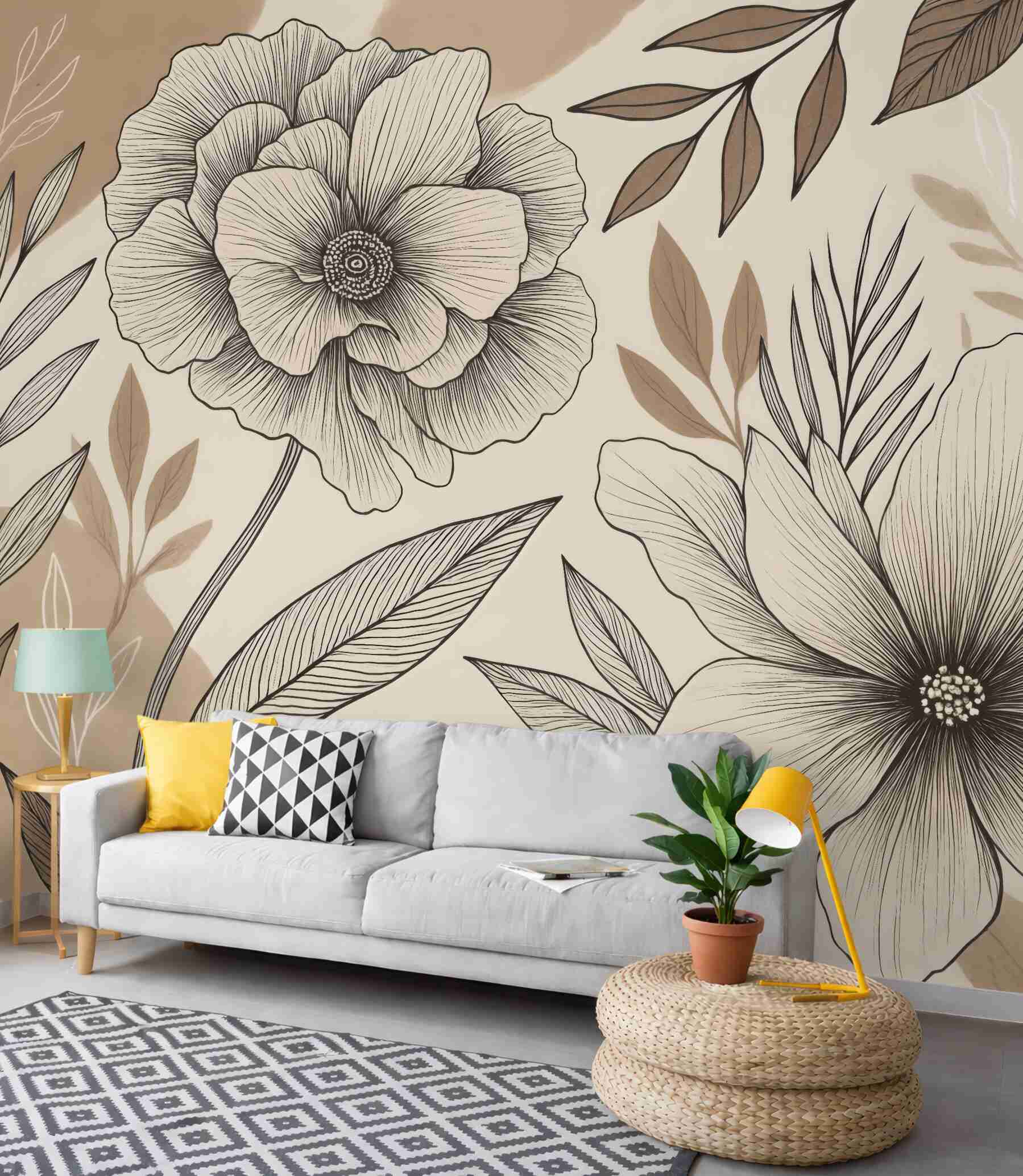 Fototapeta botaniczne kwiaty w beżowym szkicu