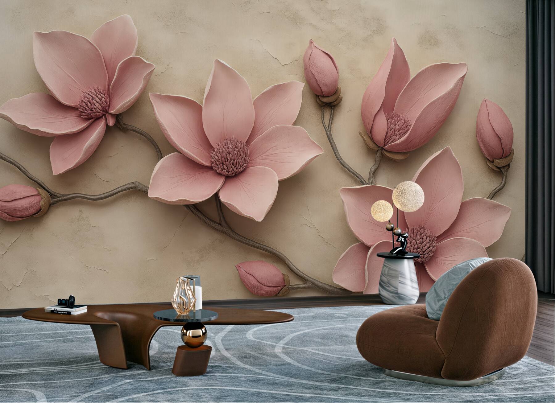 Fototapeta pudrowe magnolie na beżowym tle