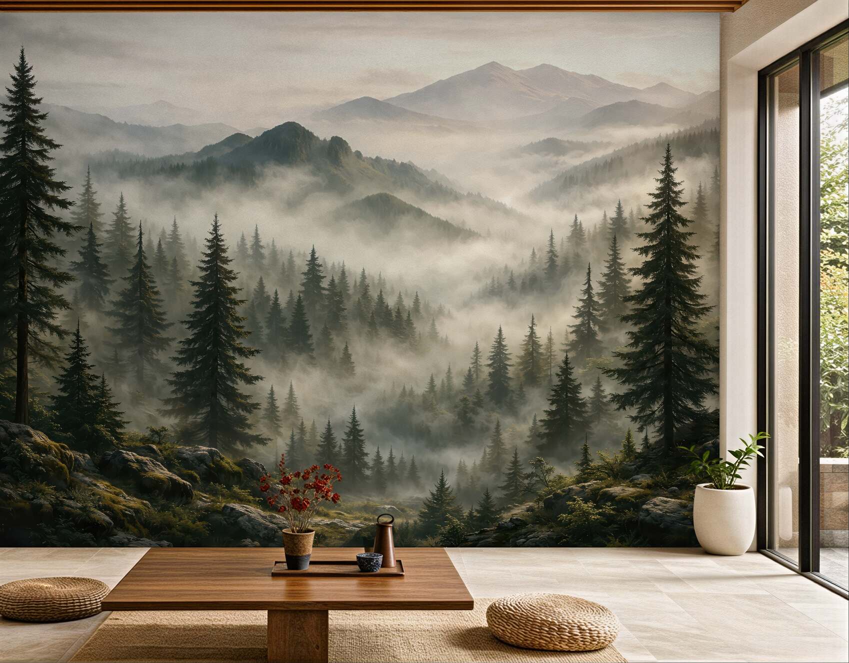 Fototapeta mglisty górski las o świcie