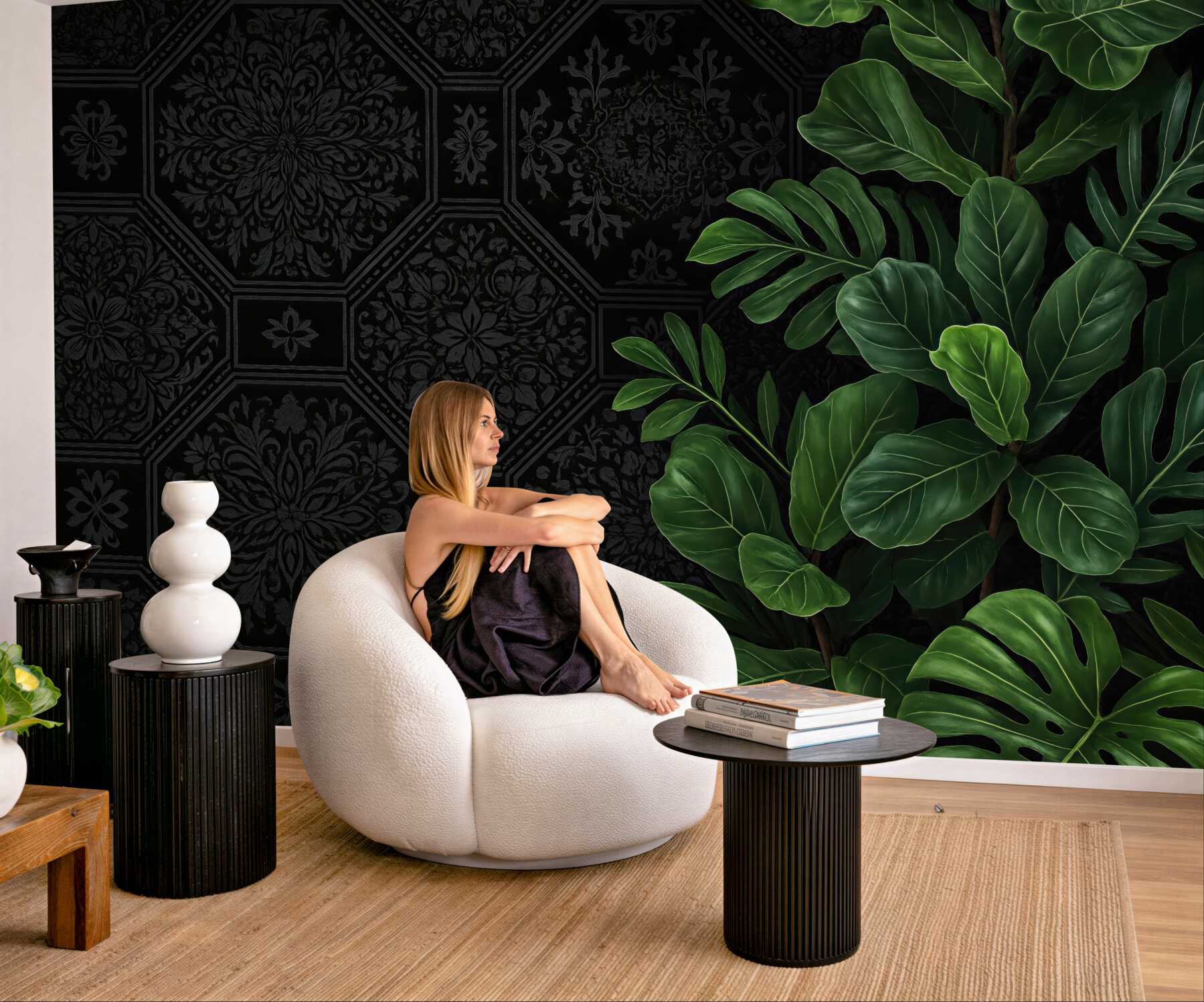 Fototapeta tropikalne liście na czarnym ornamentzie