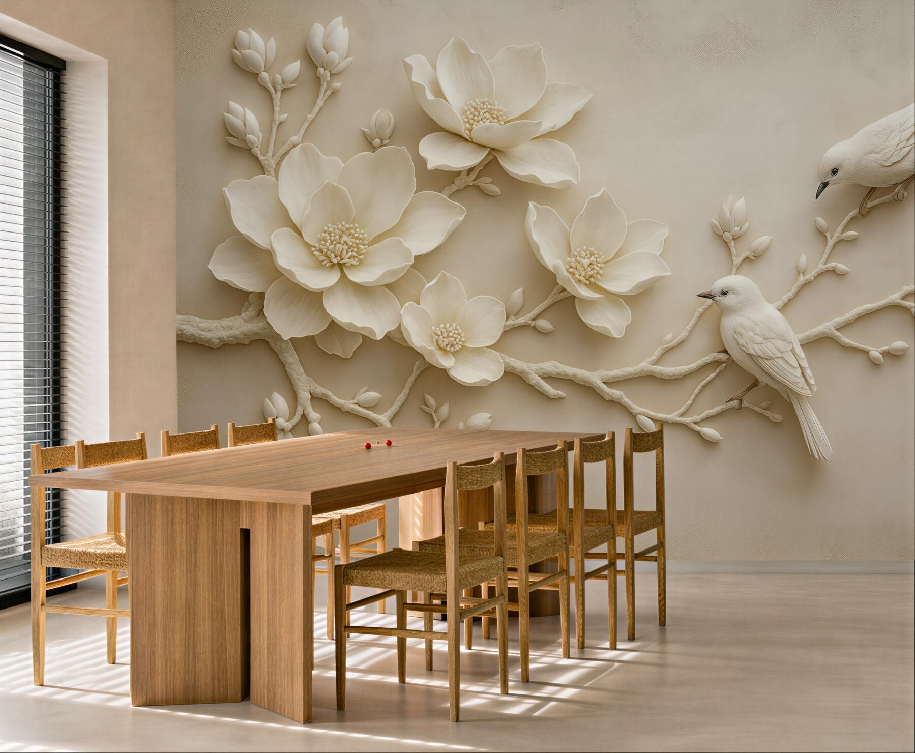 Fototapeta kremowe magnolie z ptakami relief 3d