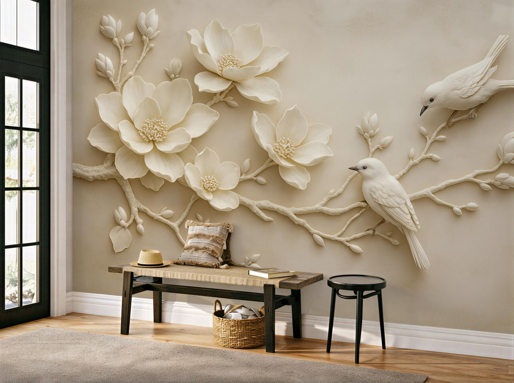 Fototapeta kremowe magnolie z ptakami relief 3d