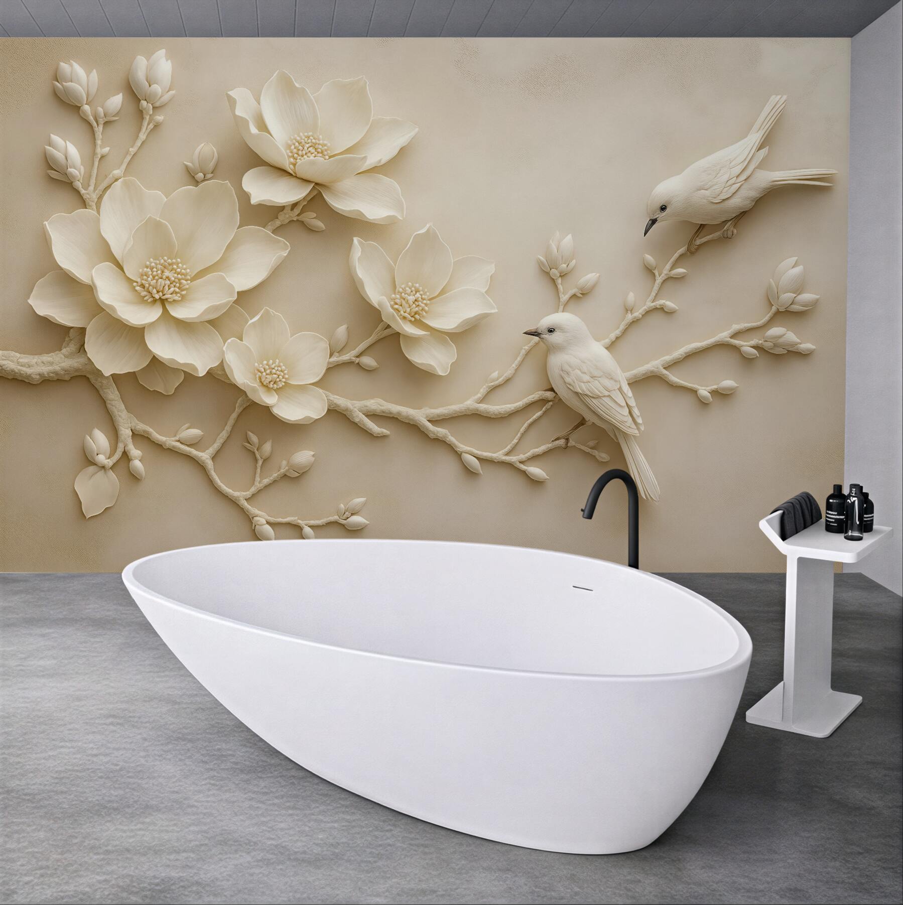 Fototapeta kremowe magnolie z ptakami relief 3d