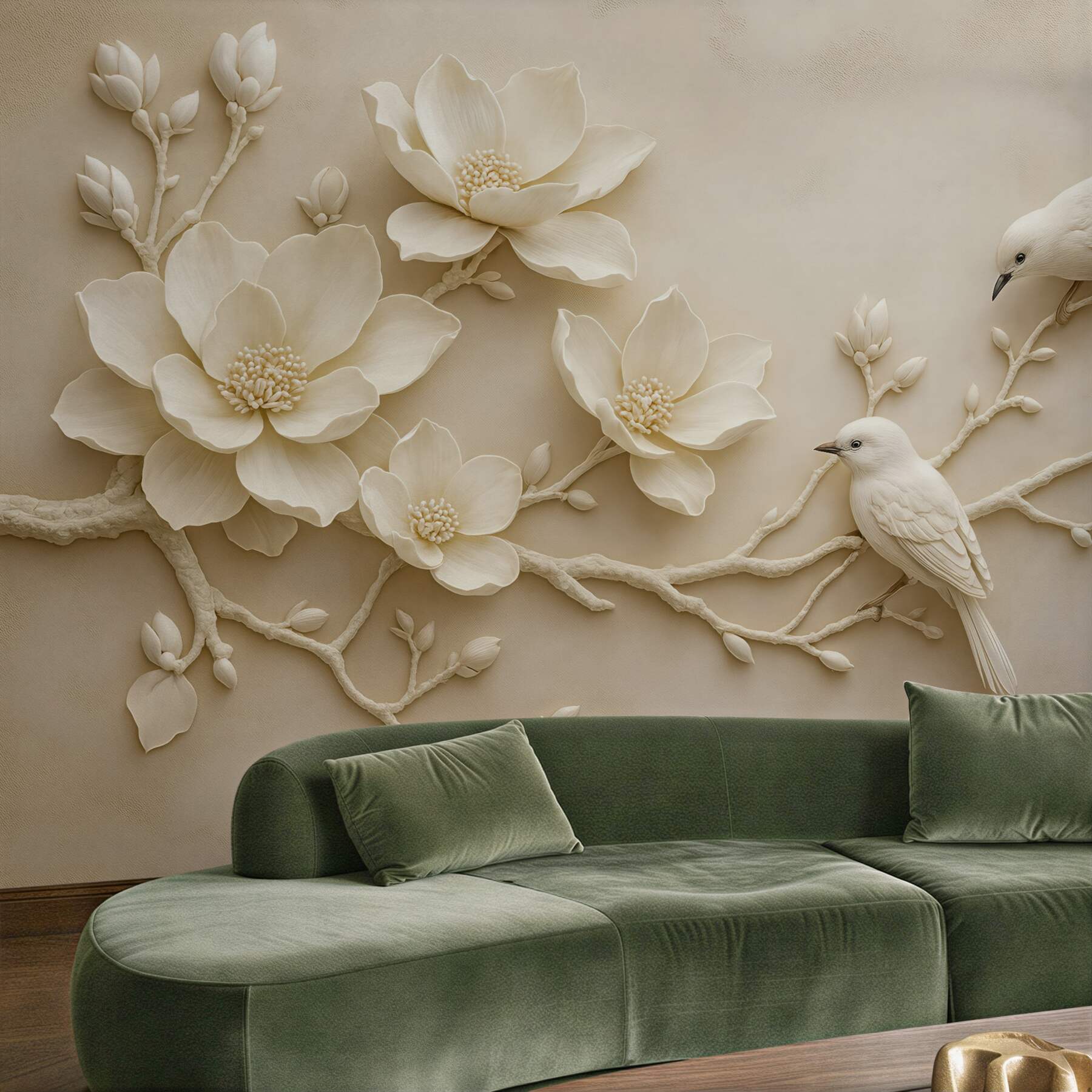 Fototapeta kremowe magnolie z ptakami relief 3d