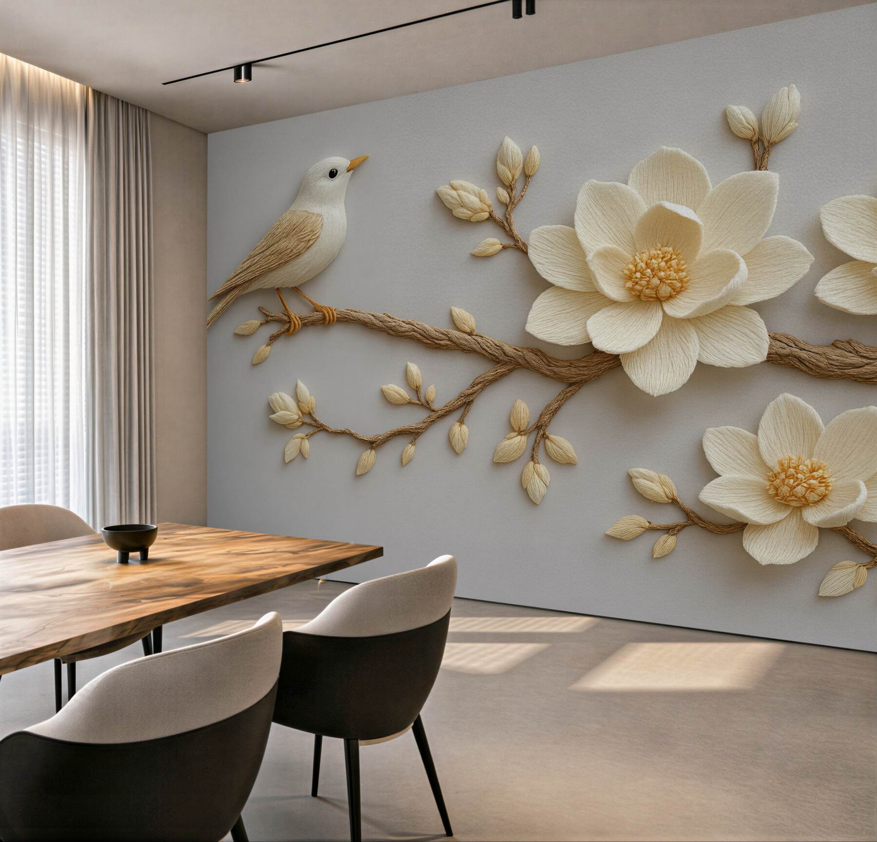 Fototapeta ptaszek i magnolie w subtelnej rzeźbie
