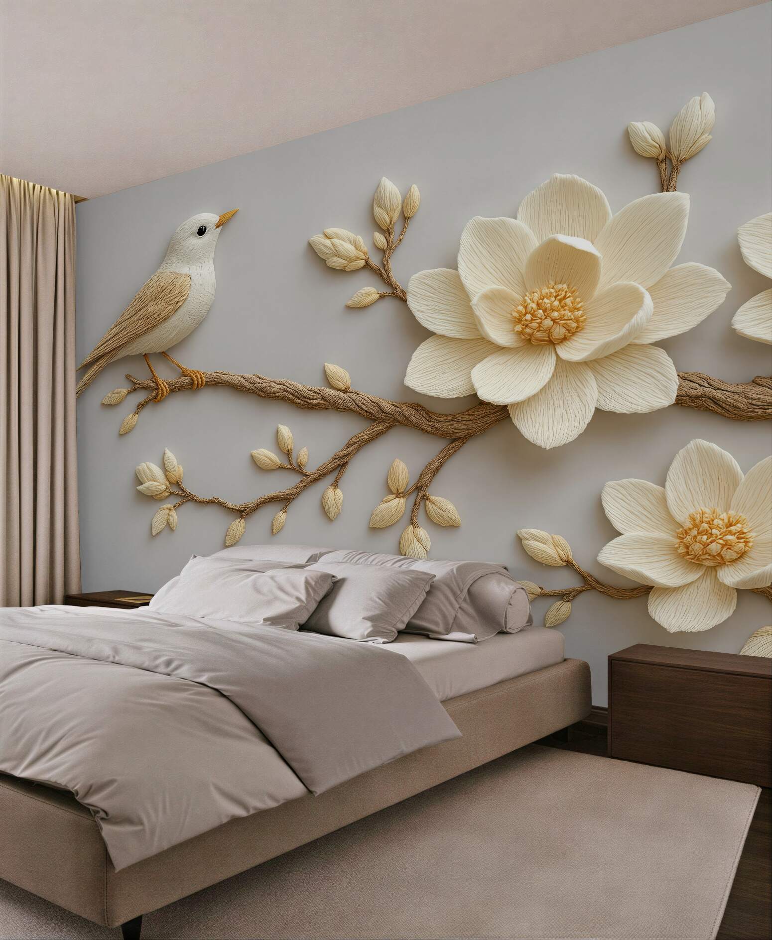 Fototapeta ptaszek i magnolie w subtelnej rzeźbie