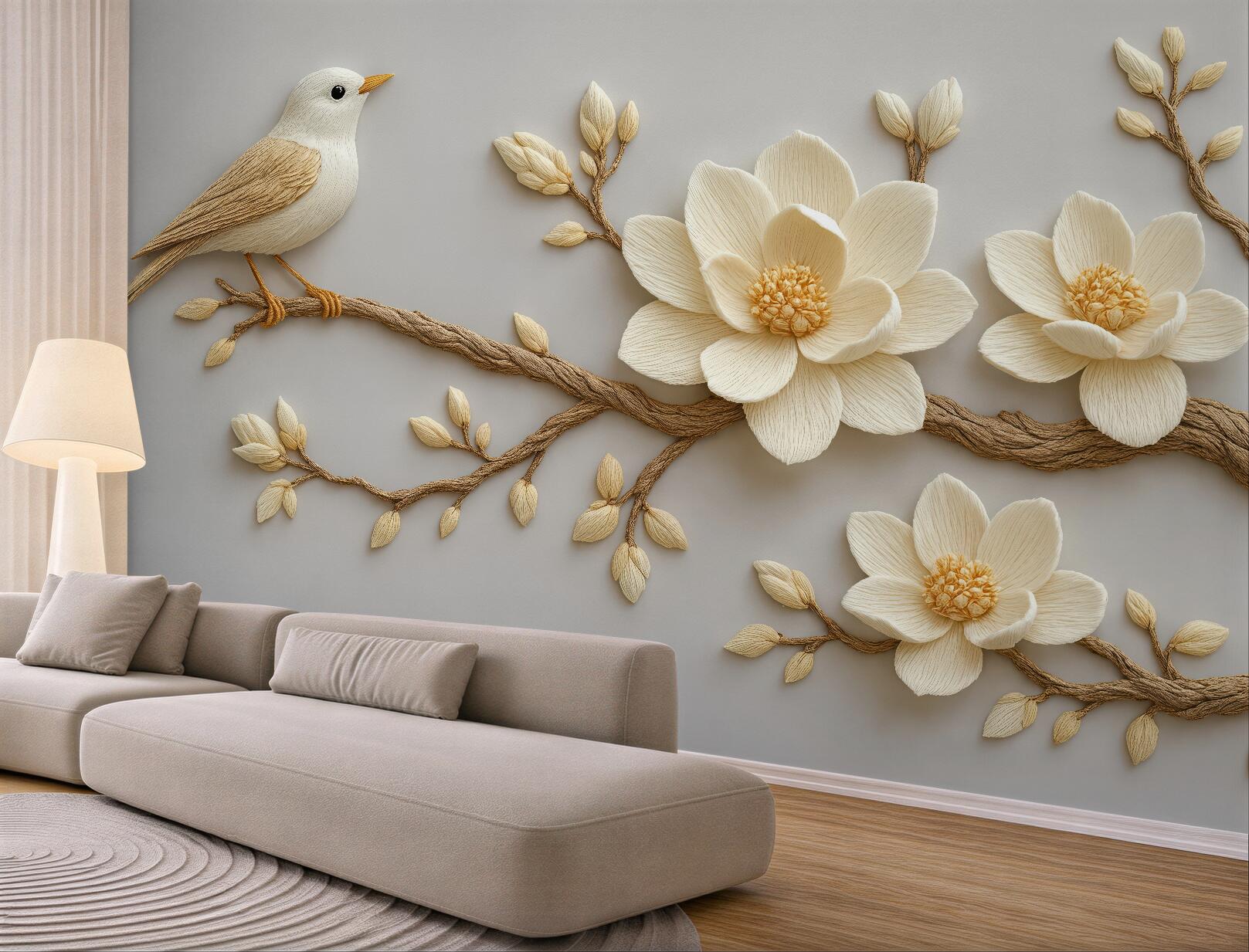 Fototapeta ptaszek i magnolie w subtelnej rzeźbie