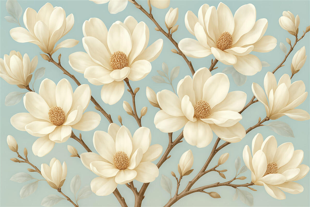 Fototapeta kremowe magnolie na błękitnym tle