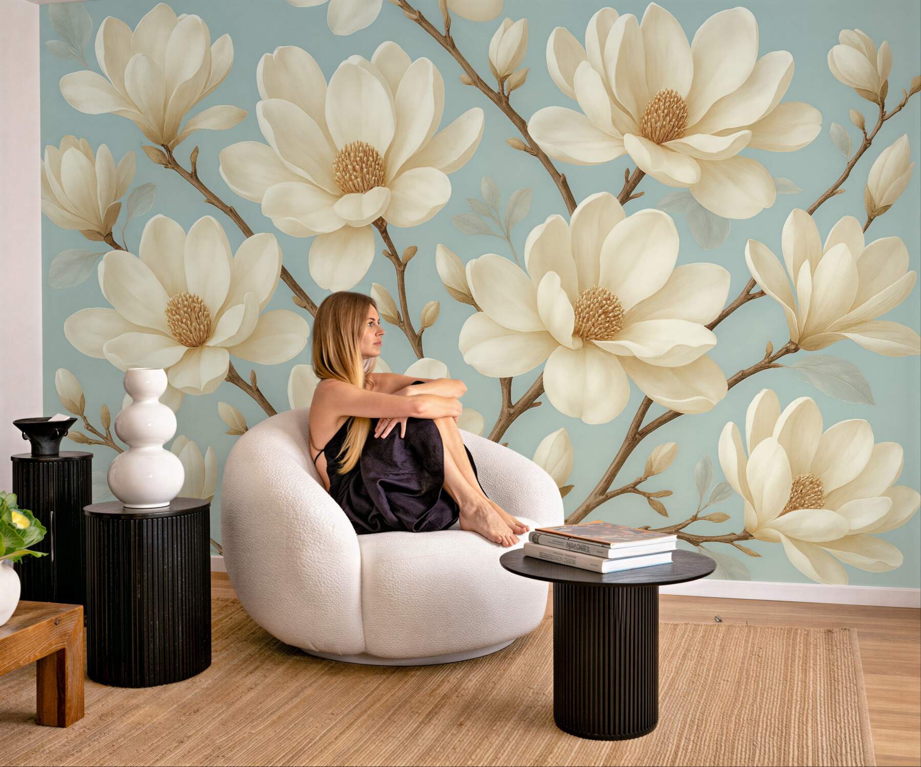 Fototapeta kremowe magnolie na błękitnym tle