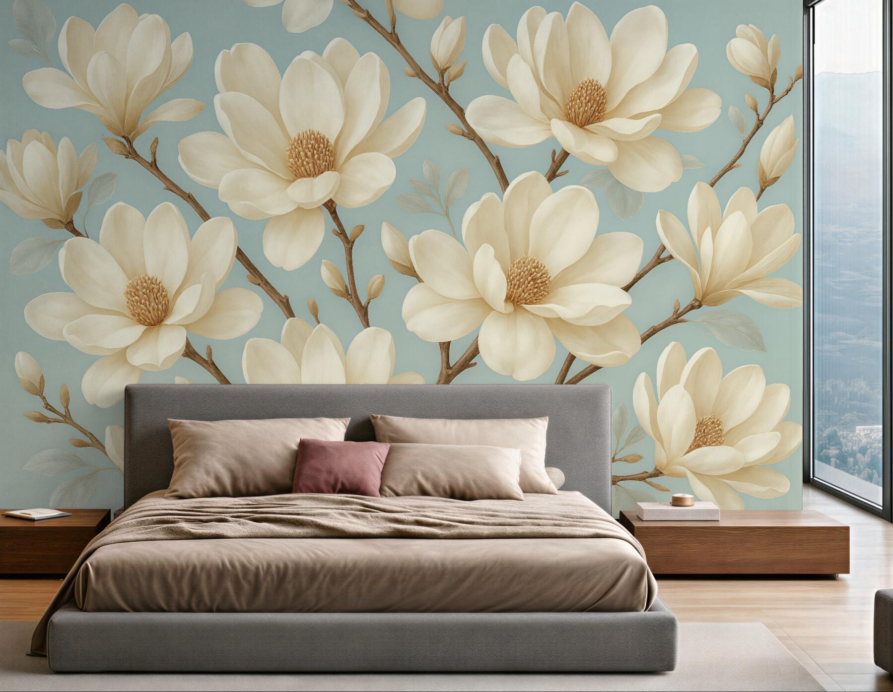 Fototapeta kremowe magnolie na błękitnym tle