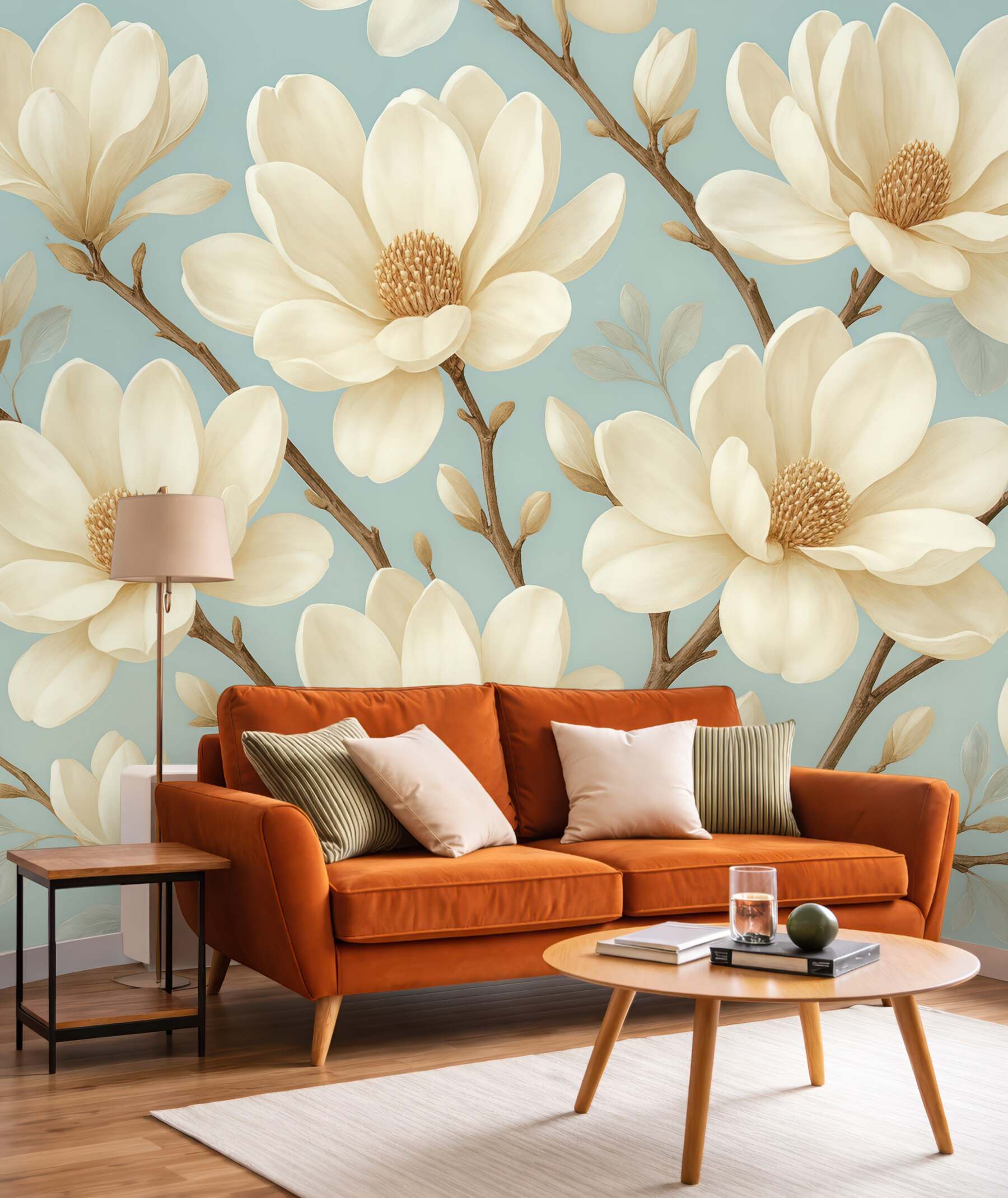 Fototapeta kremowe magnolie na błękitnym tle