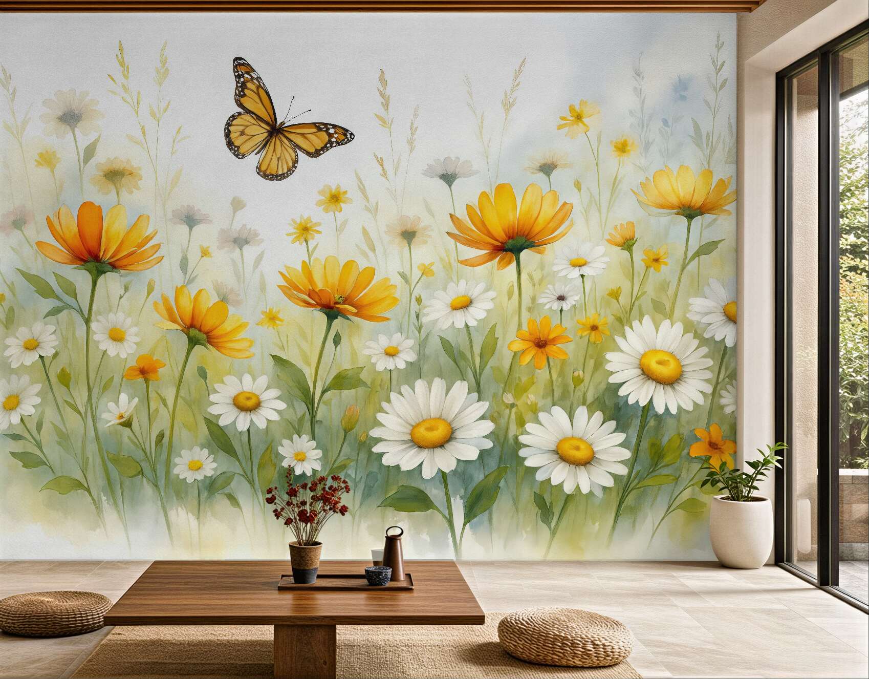 Fototapeta łąka stokrotek z motylem watercolor
