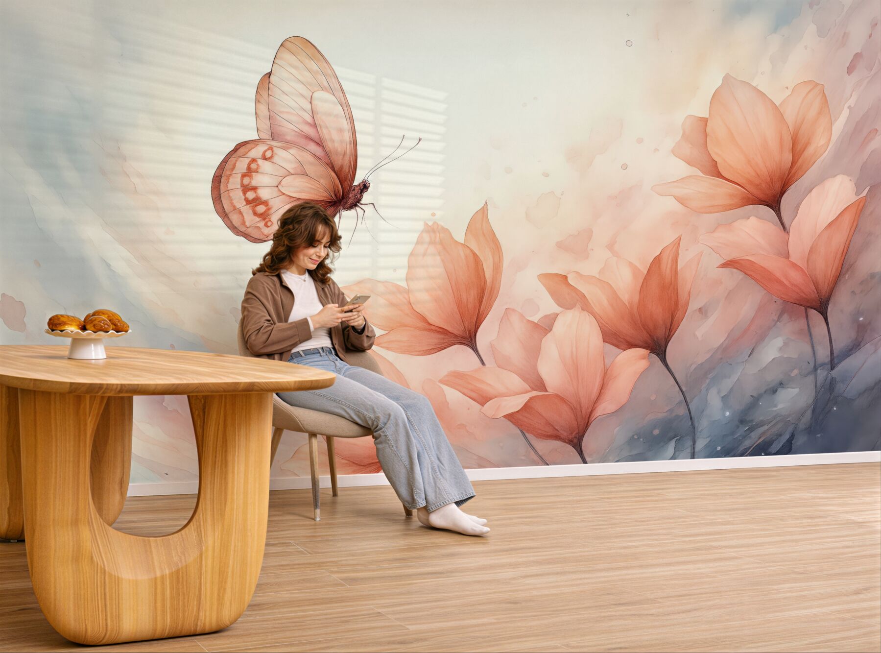 Fototapeta motyl i brzoskwiniowe kwiaty akwarelą