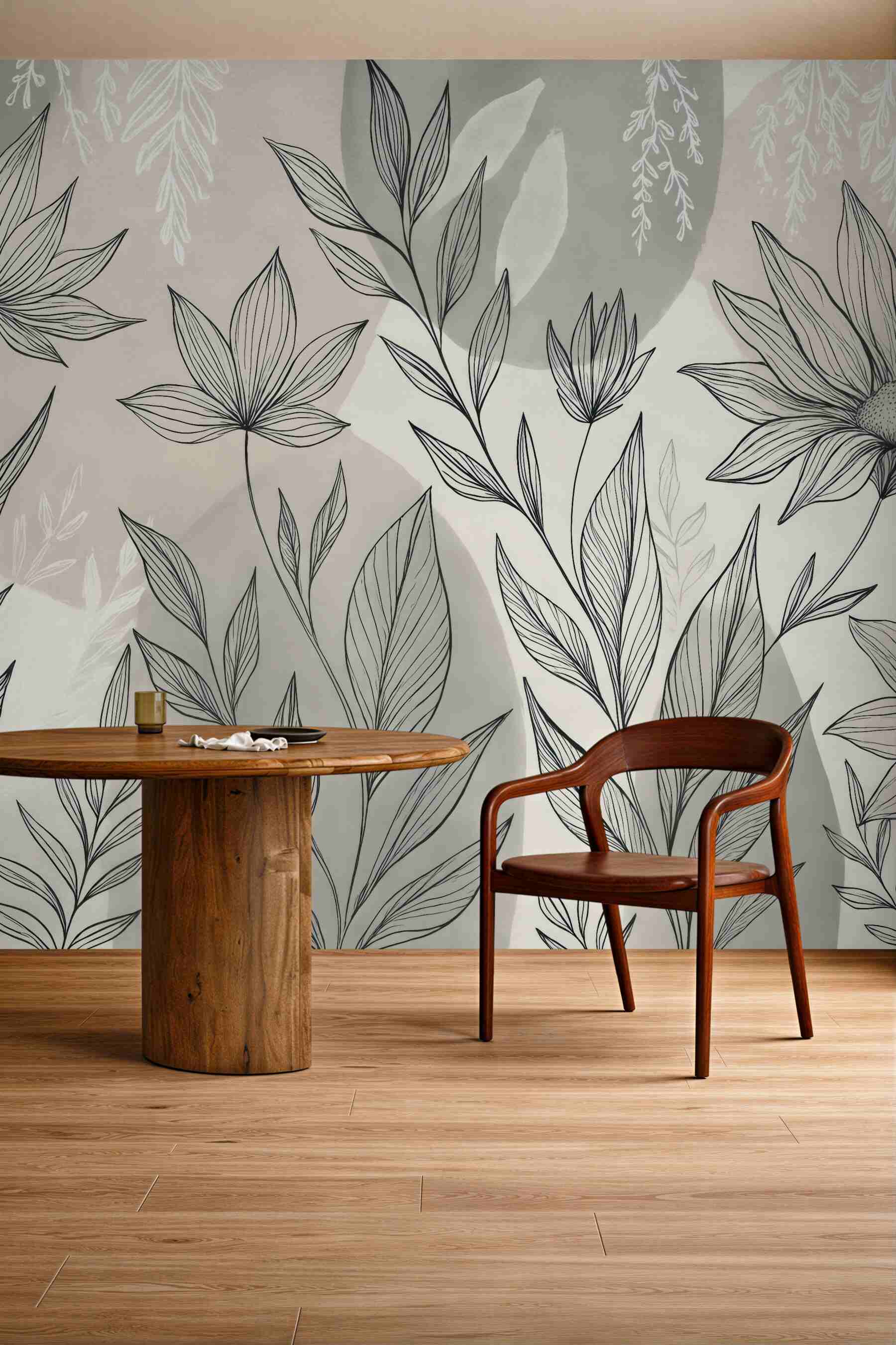 Fototapeta minimalistyczne kwiaty i liście w beżu