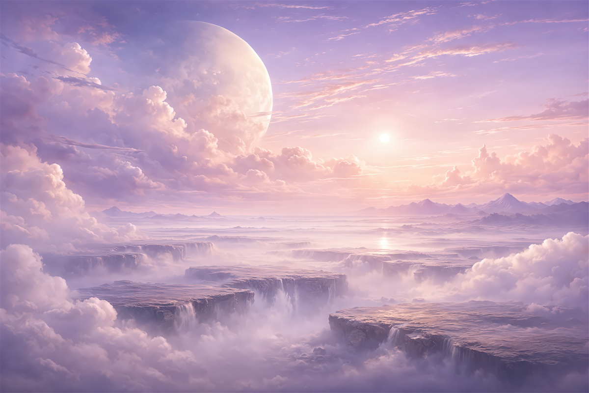 Fototapeta fantastyczny świt nad chmurami i planetą