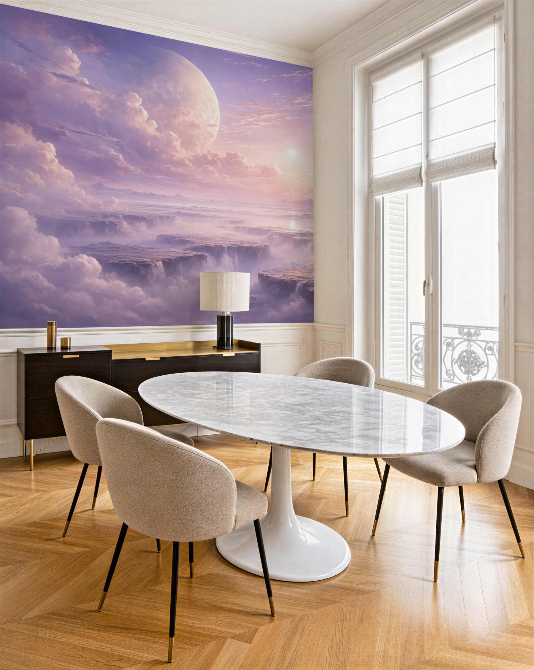 Fototapeta fantastyczny świt nad chmurami i planetą