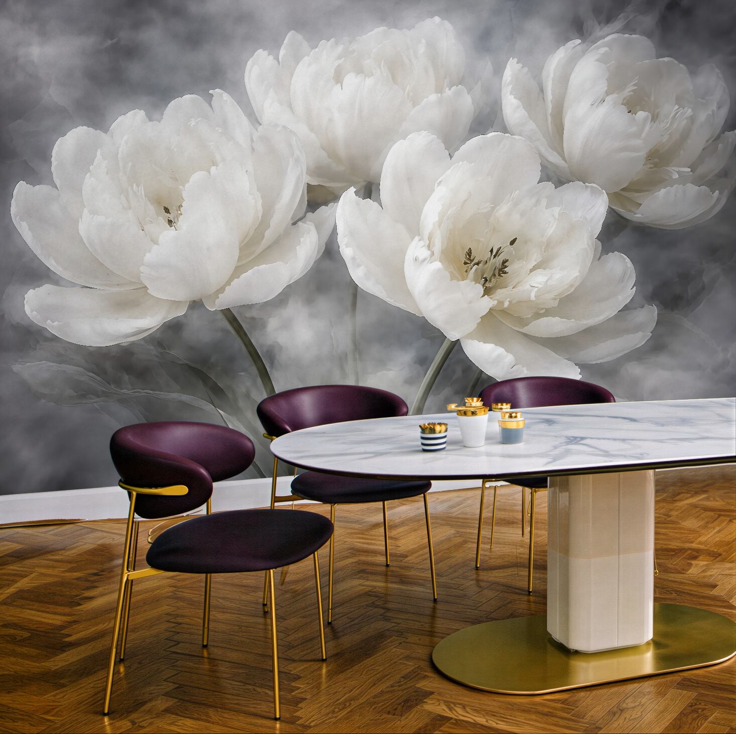 Fototapeta białe tulipany w mgielnej elegancji
