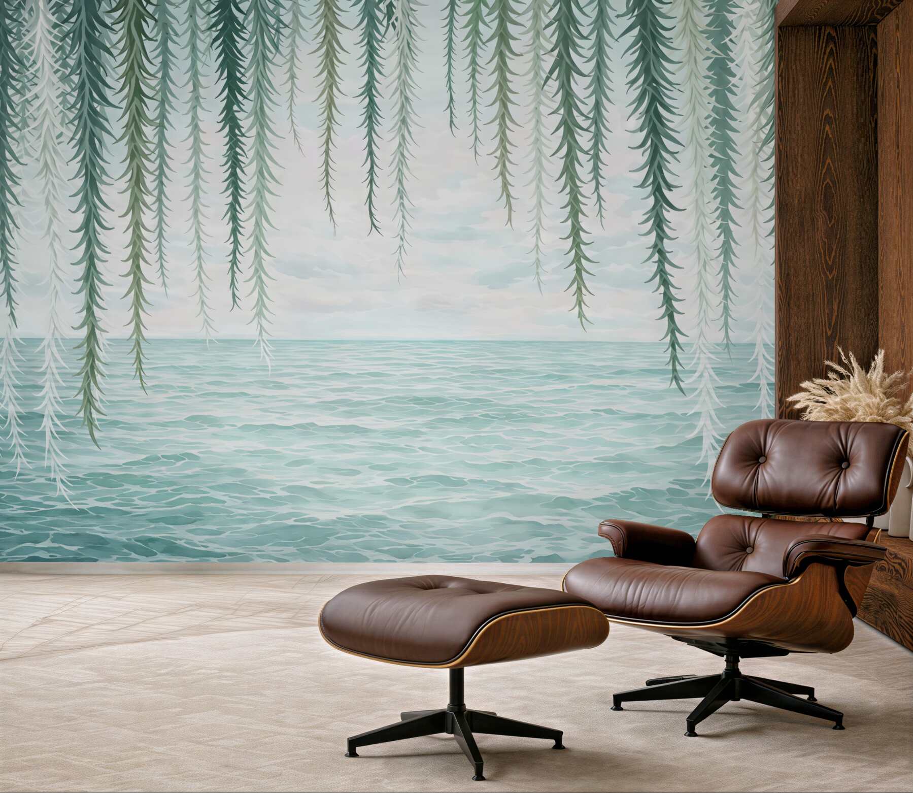 Fototapeta turkusowe wybrzeże pod zwiewnymi liśćmi