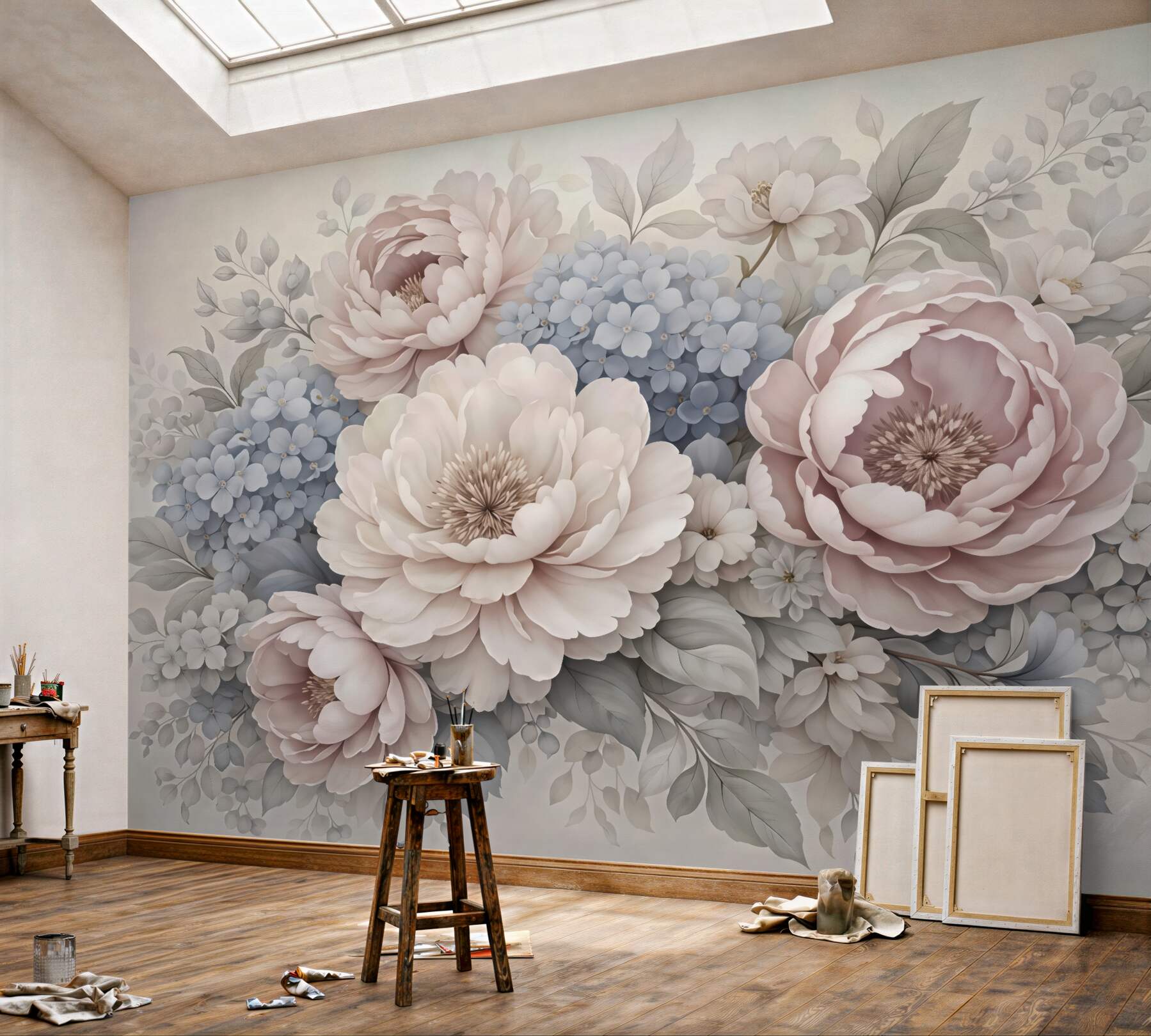 Fototapeta pudrowe piwonie i błękitne hortensje