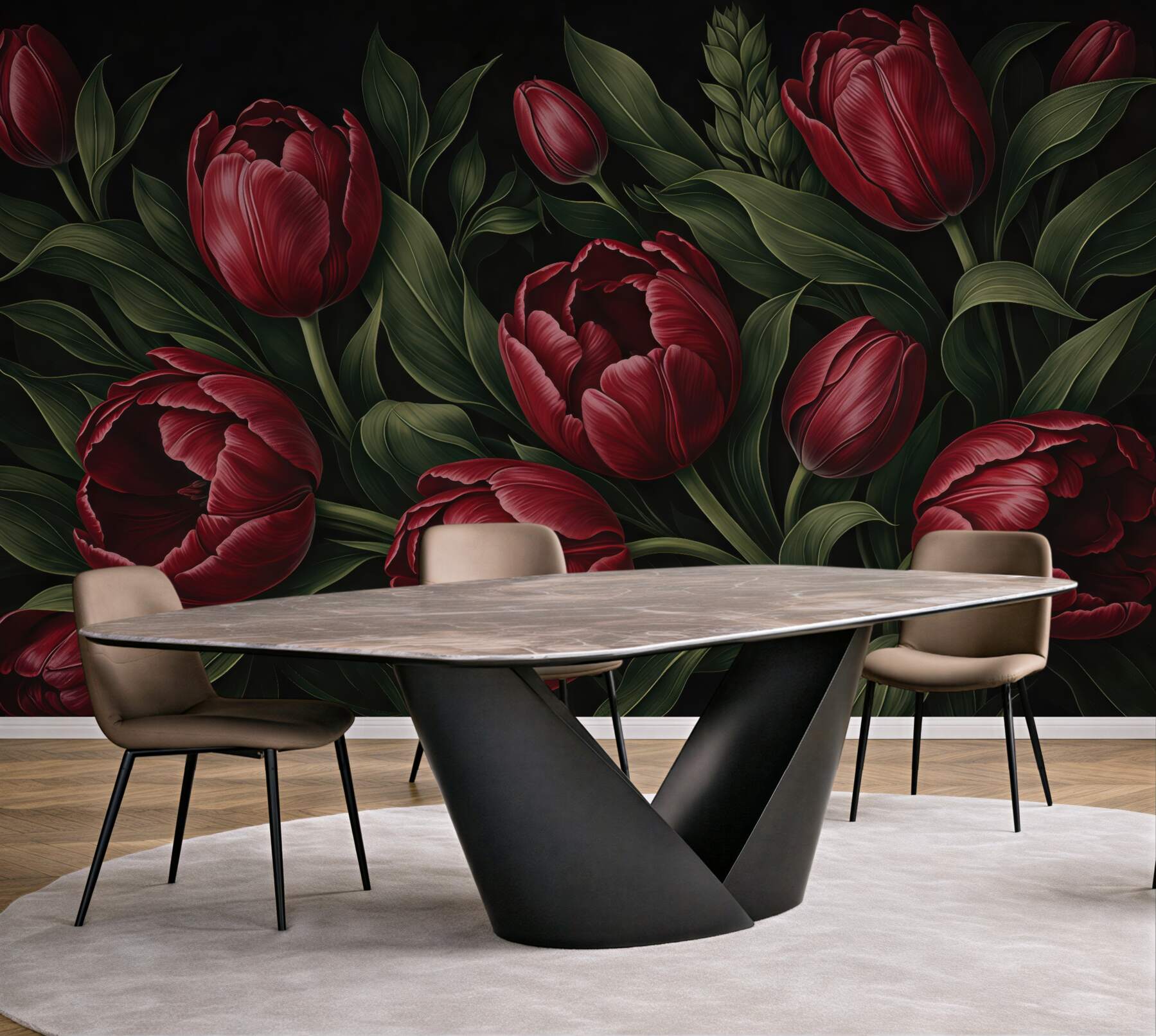 Fototapeta bordowe tulipany na czarnym tle