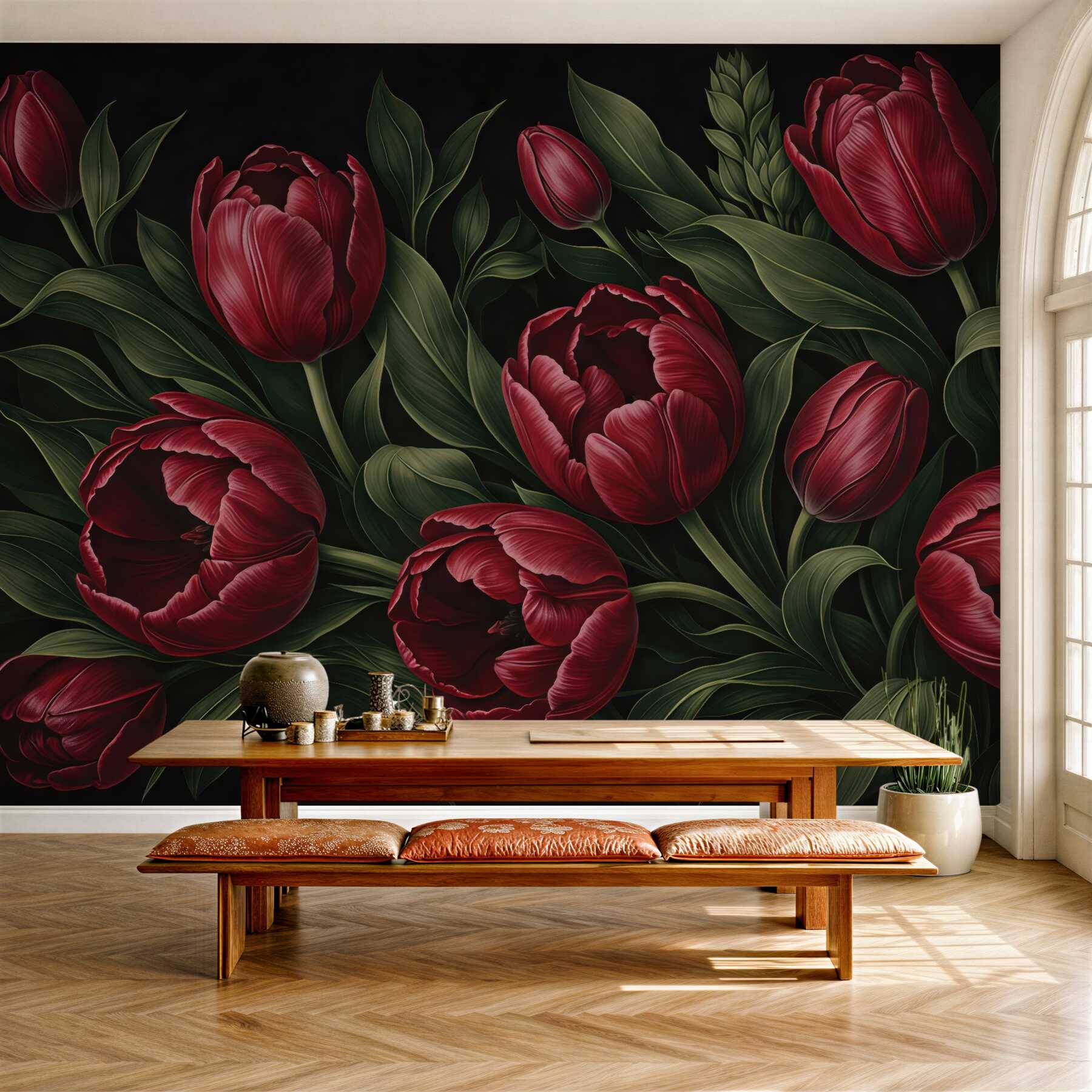 Fototapeta bordowe tulipany na czarnym tle