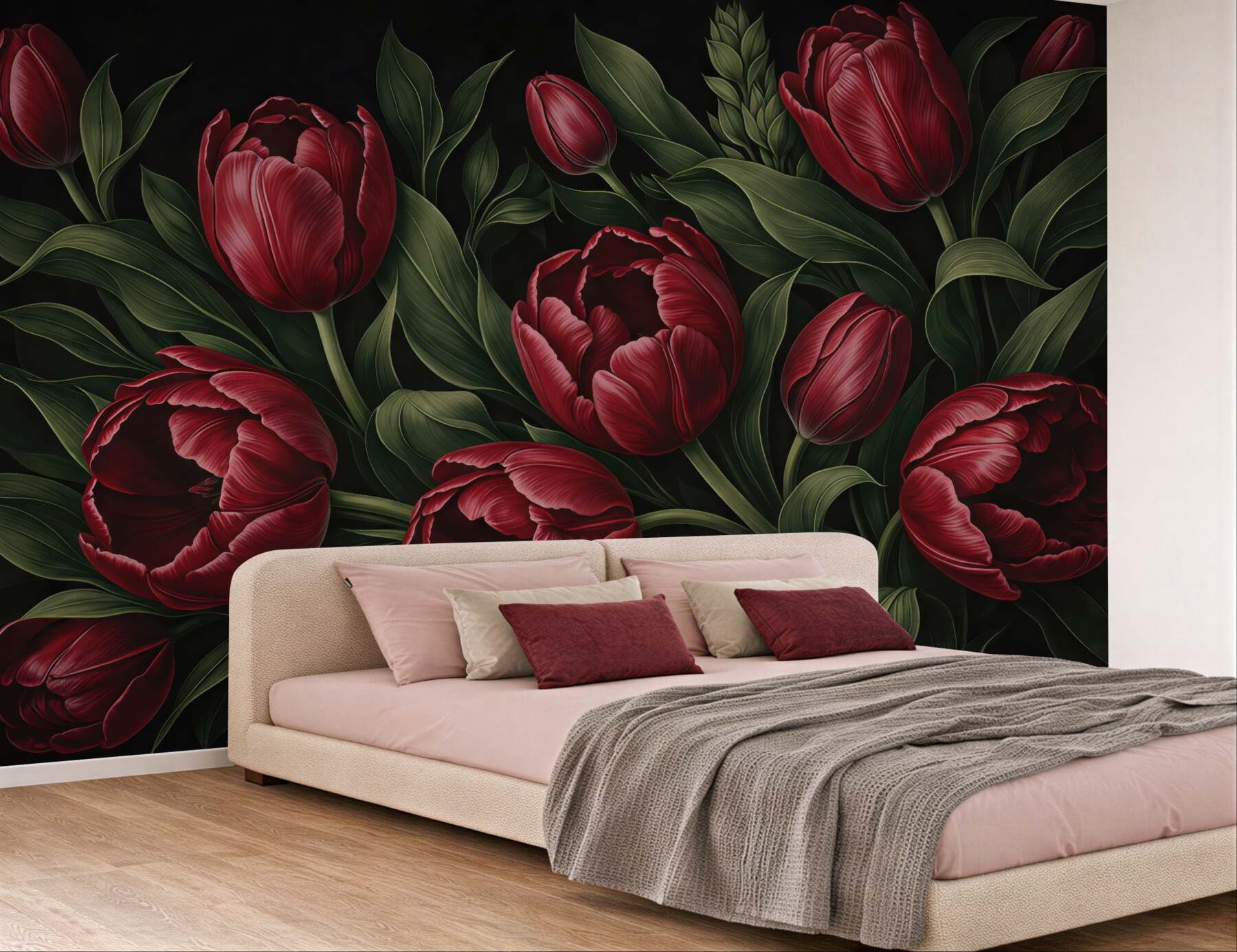 Fototapeta bordowe tulipany na czarnym tle