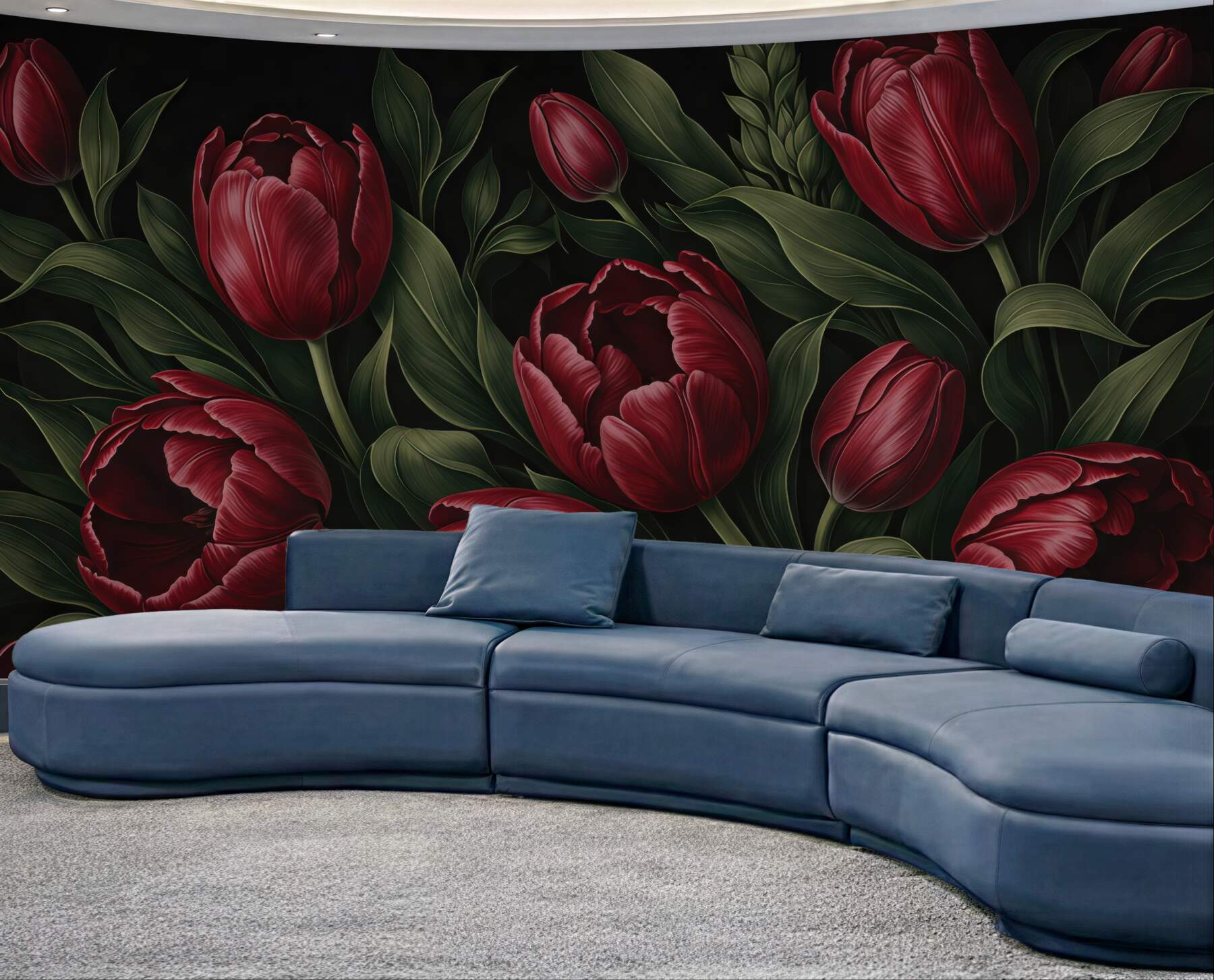 Fototapeta bordowe tulipany na czarnym tle