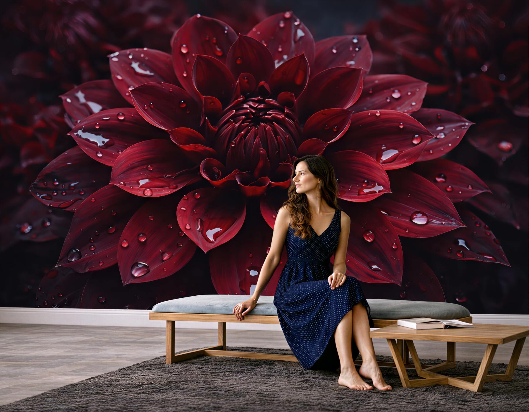 Fototapeta rubinowa dalie w kroplach rosy