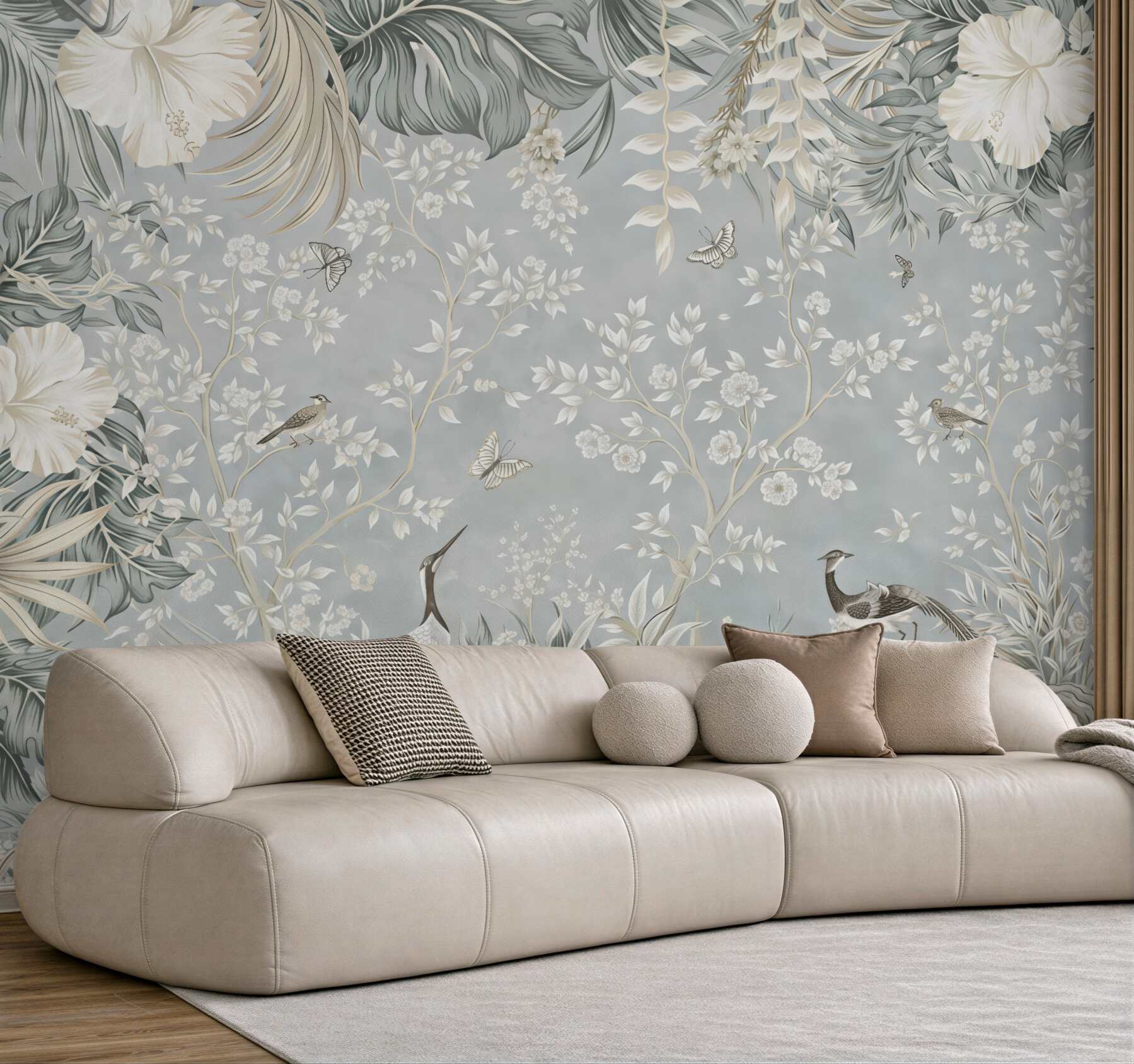 Fototapeta egzotyczny ogród z żurawiami i pawiem