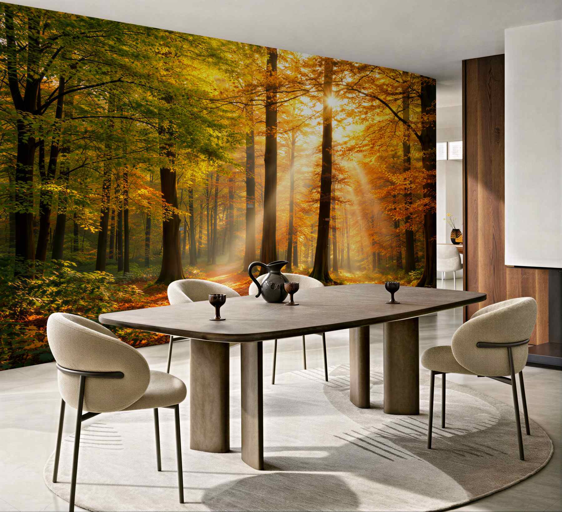 Fototapeta jesienny las ze słońcem i leśną ścieżką