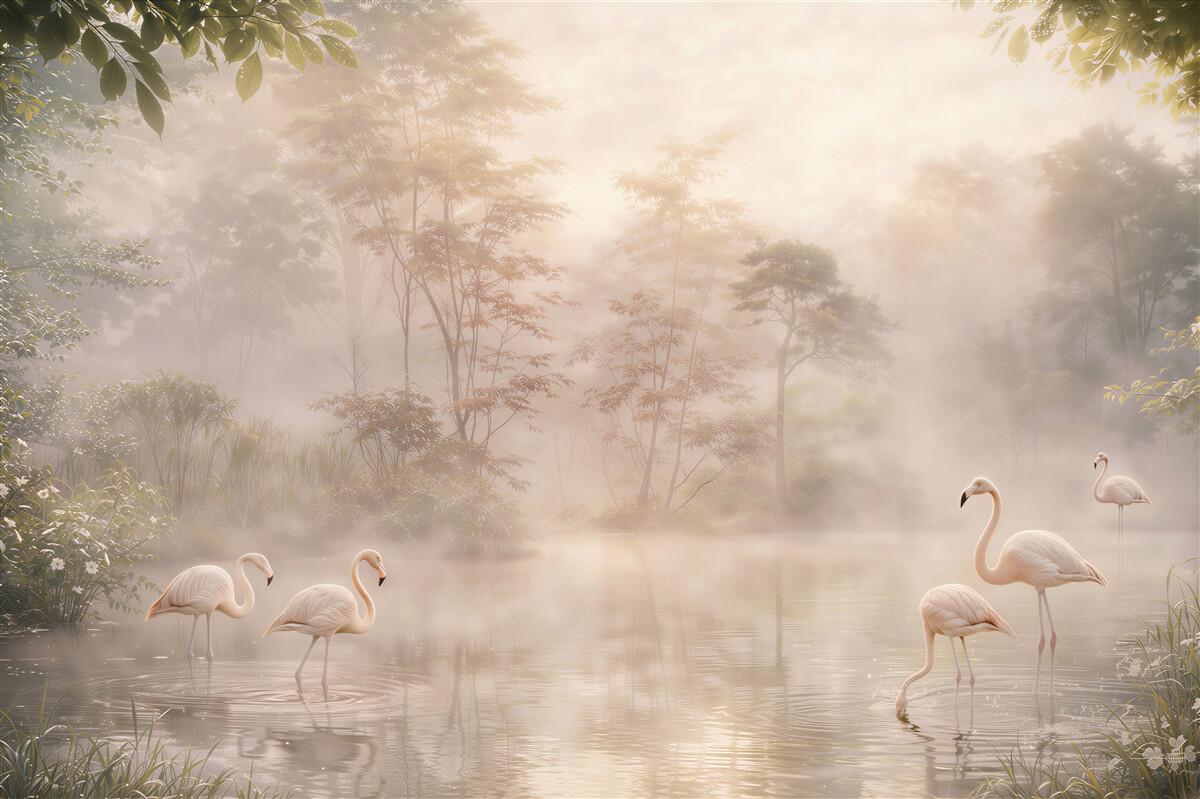 Fototapeta flamingi nad mglistym jeziorem w pastelowym świetle