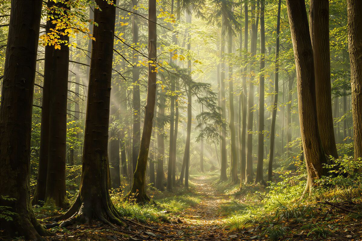 Fototapeta leśna ścieżka w promieniach słońca naturalny zielony las