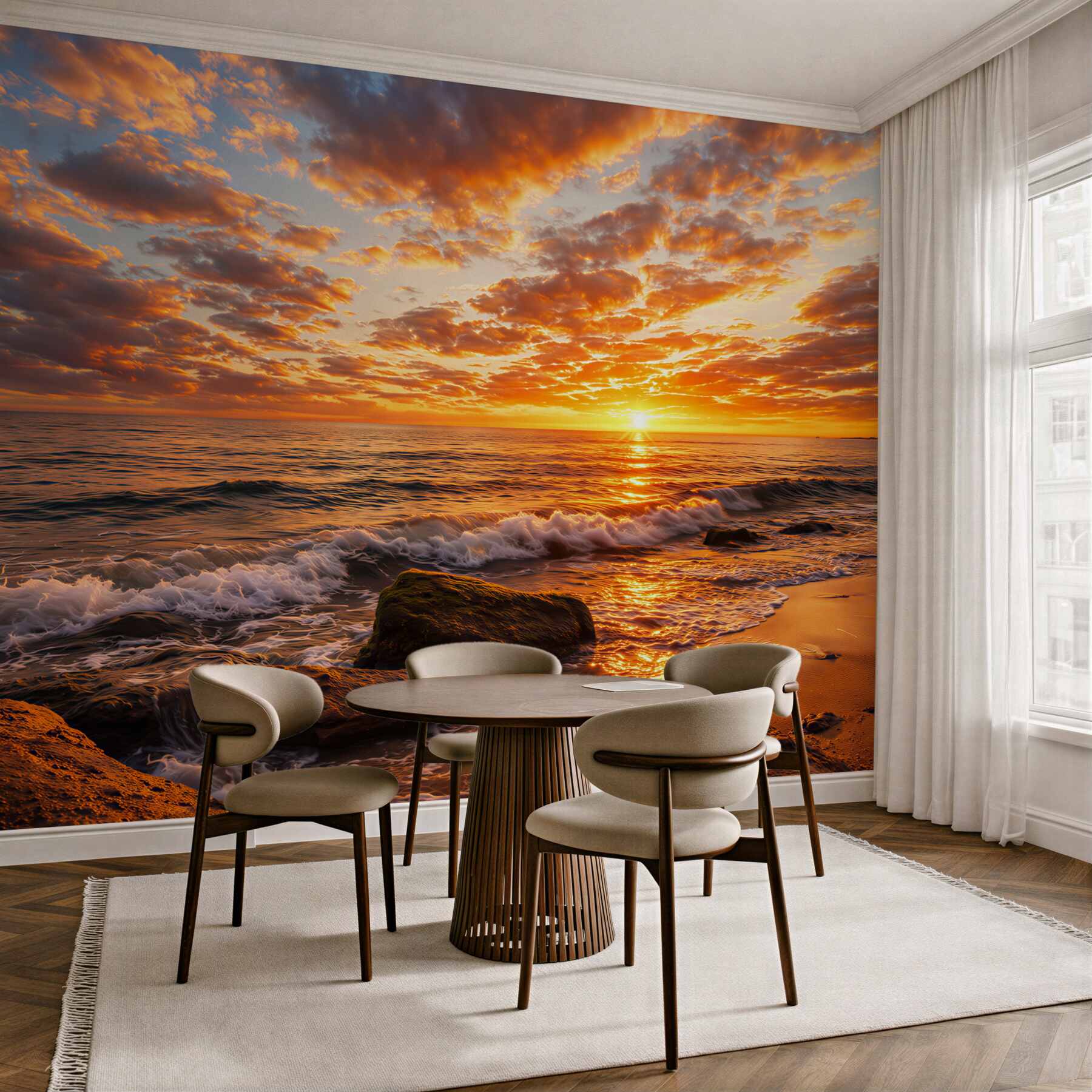 Fototapeta zachód słońca nad morzem z falami i złotą plażą