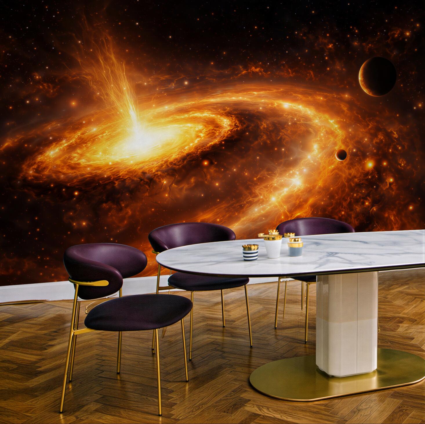 Fototapeta kosmiczna galaktyka z planetami w ognistych złotych barwach